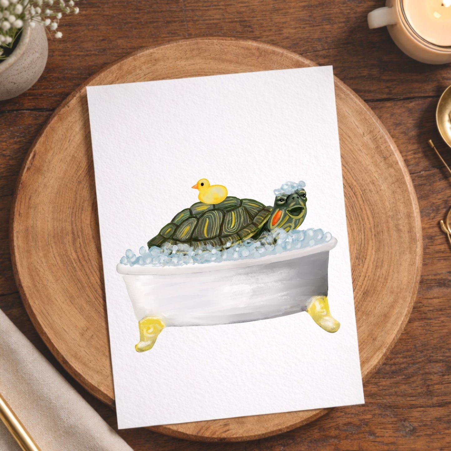 Turtle in Bathtub Postcard - MerikaArt