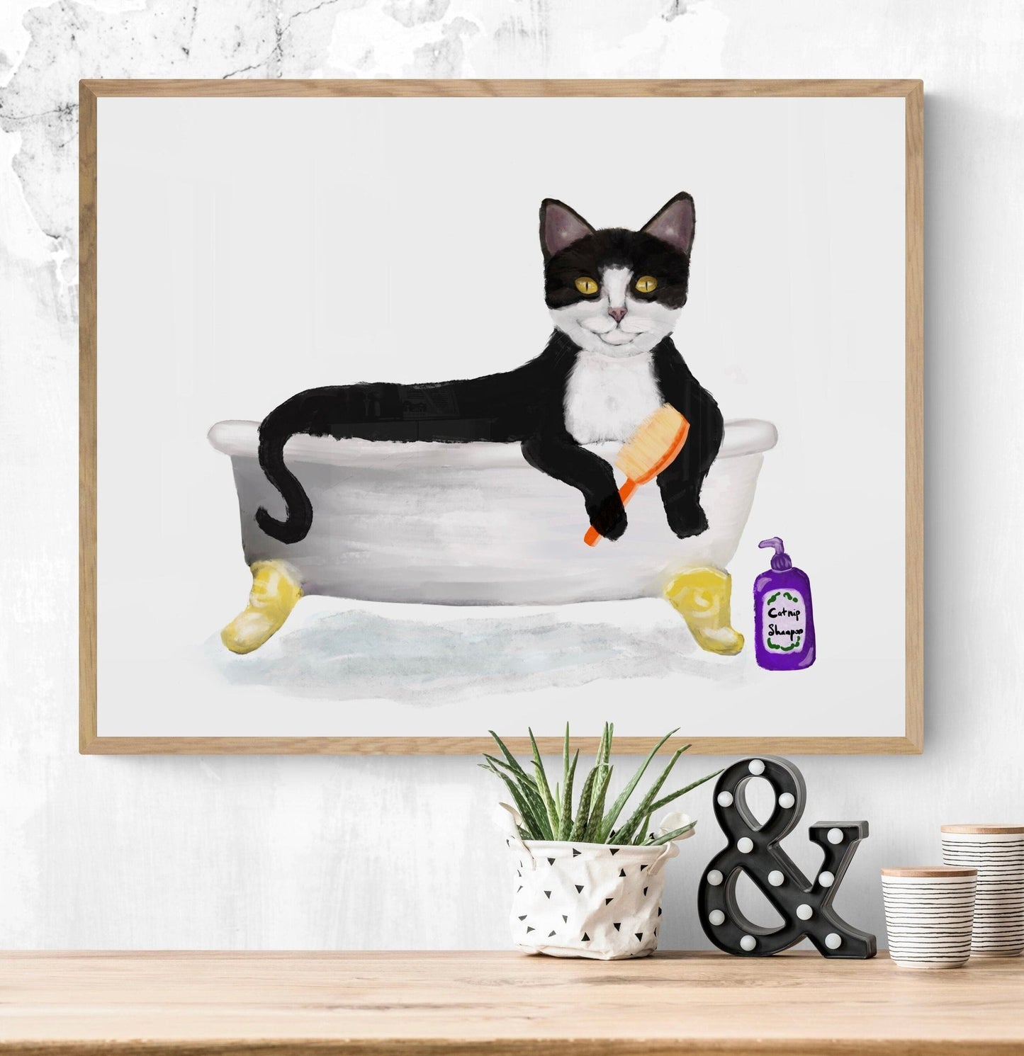 Tuxedo Cat Bathing Print, Black and White Cat In Bathtub, Bathroom Art, Bathroom Cat Painting, Cat Relaxing In Bath Print, Cat Lover Gift - MerikaArt