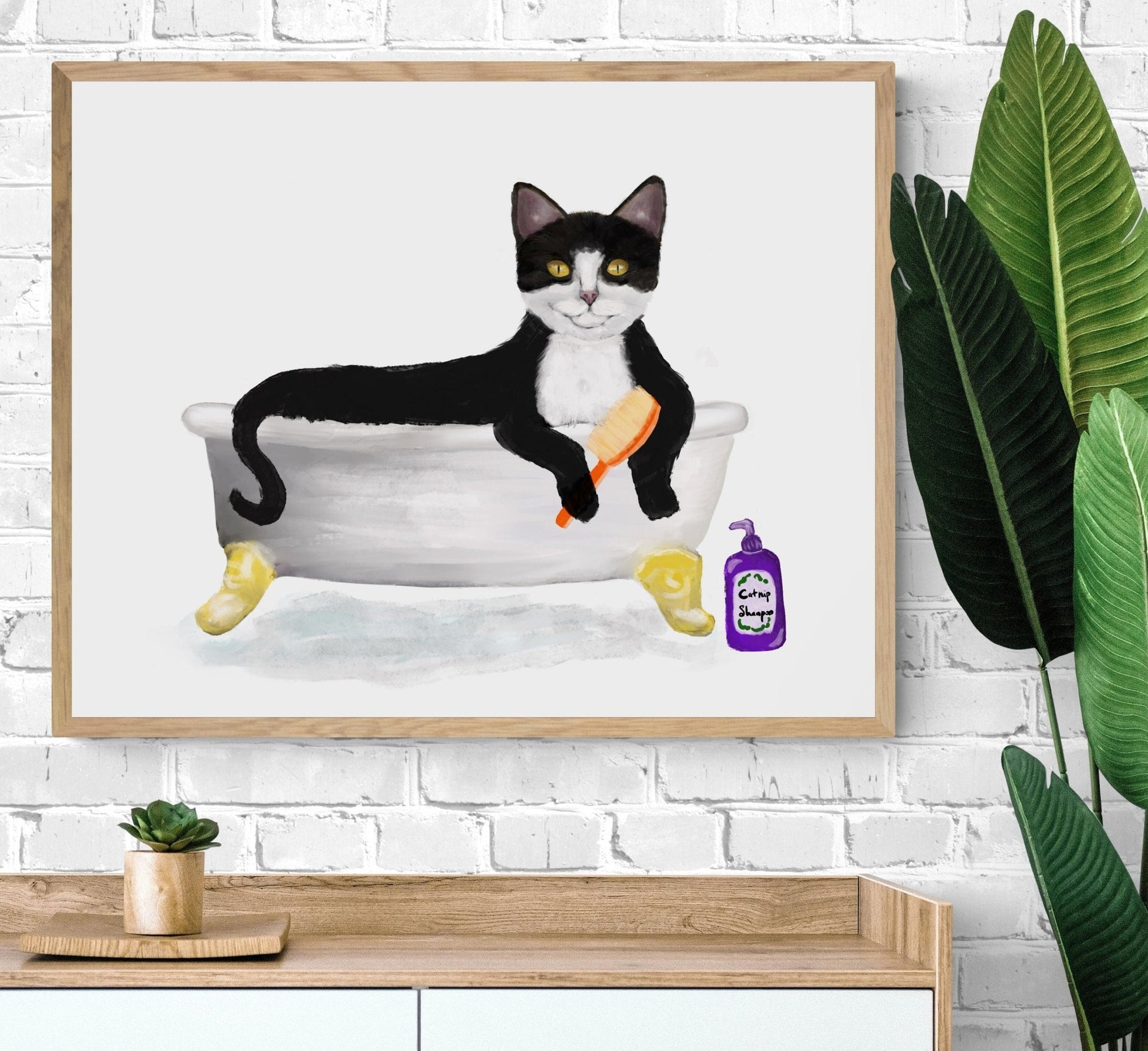 Tuxedo Cat Bathing Print, Black and White Cat In Bathtub, Bathroom Art, Bathroom Cat Painting, Cat Relaxing In Bath Print, Cat Lover Gift - MerikaArt