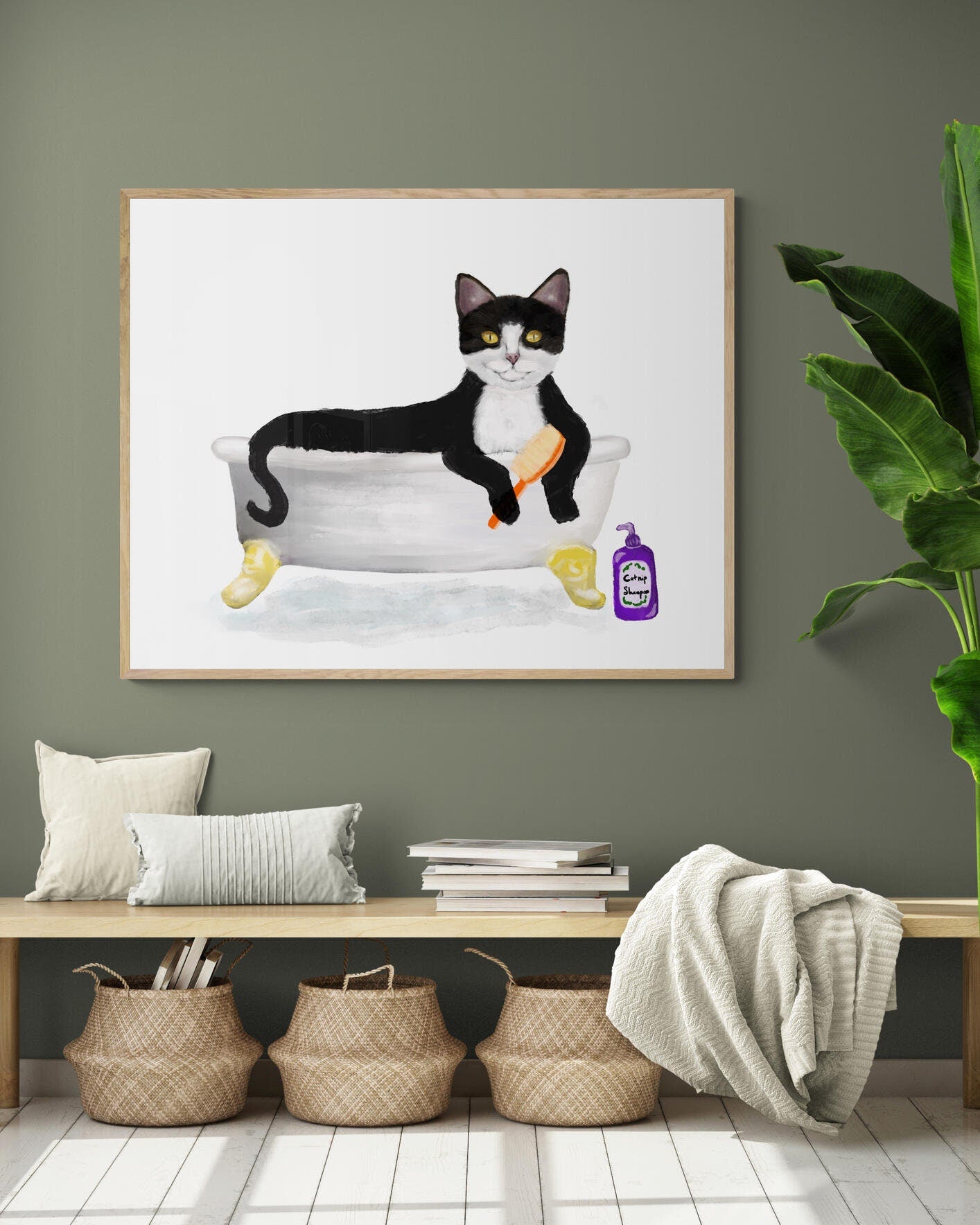 Tuxedo Cat Bathing Print, Black and White Cat In Bathtub, Bathroom Art, Bathroom Cat Painting, Cat Relaxing In Bath Print, Cat Lover Gift - MerikaArt