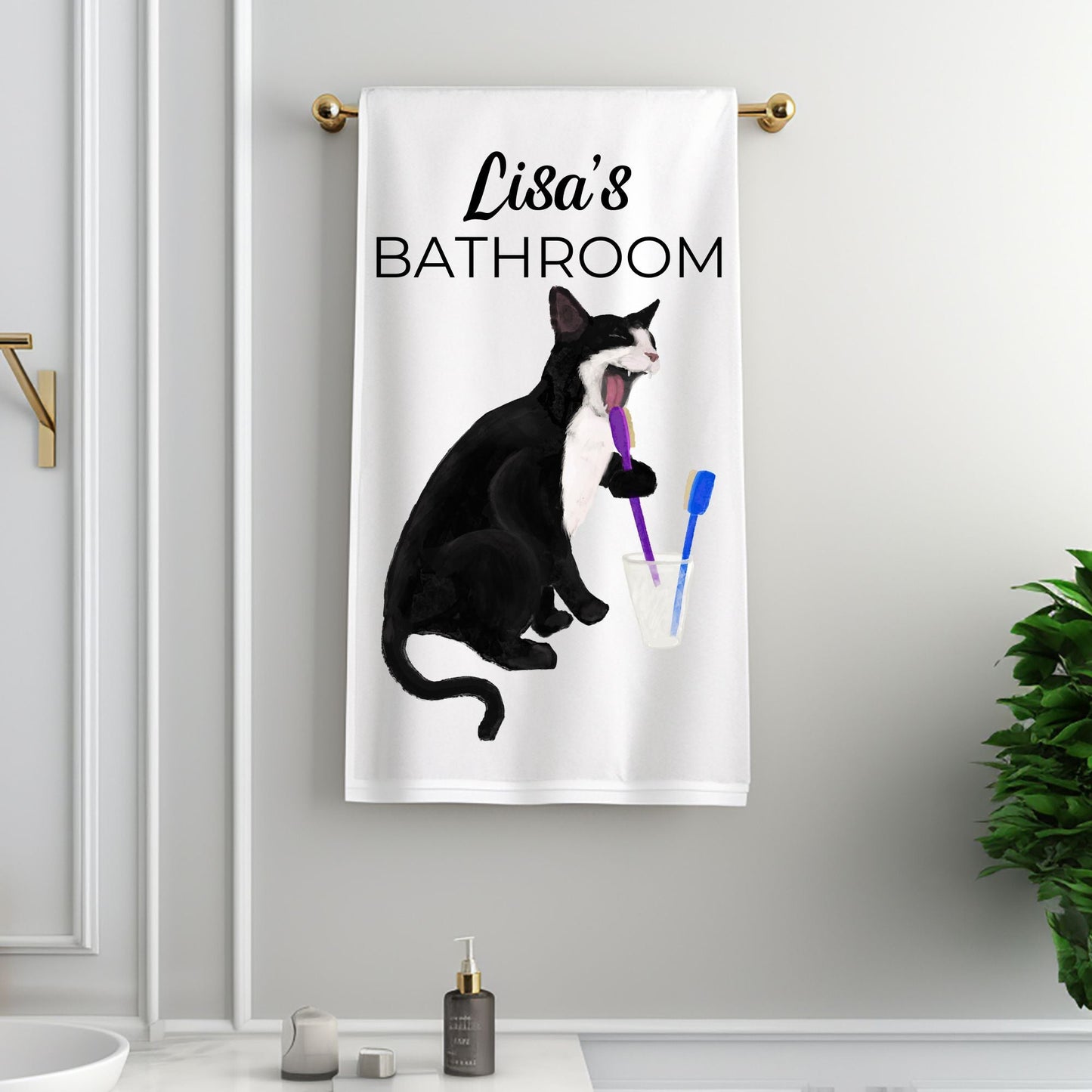 Tuxedo Cat Brushing Teeth Bathroom Towel - MerikaArt