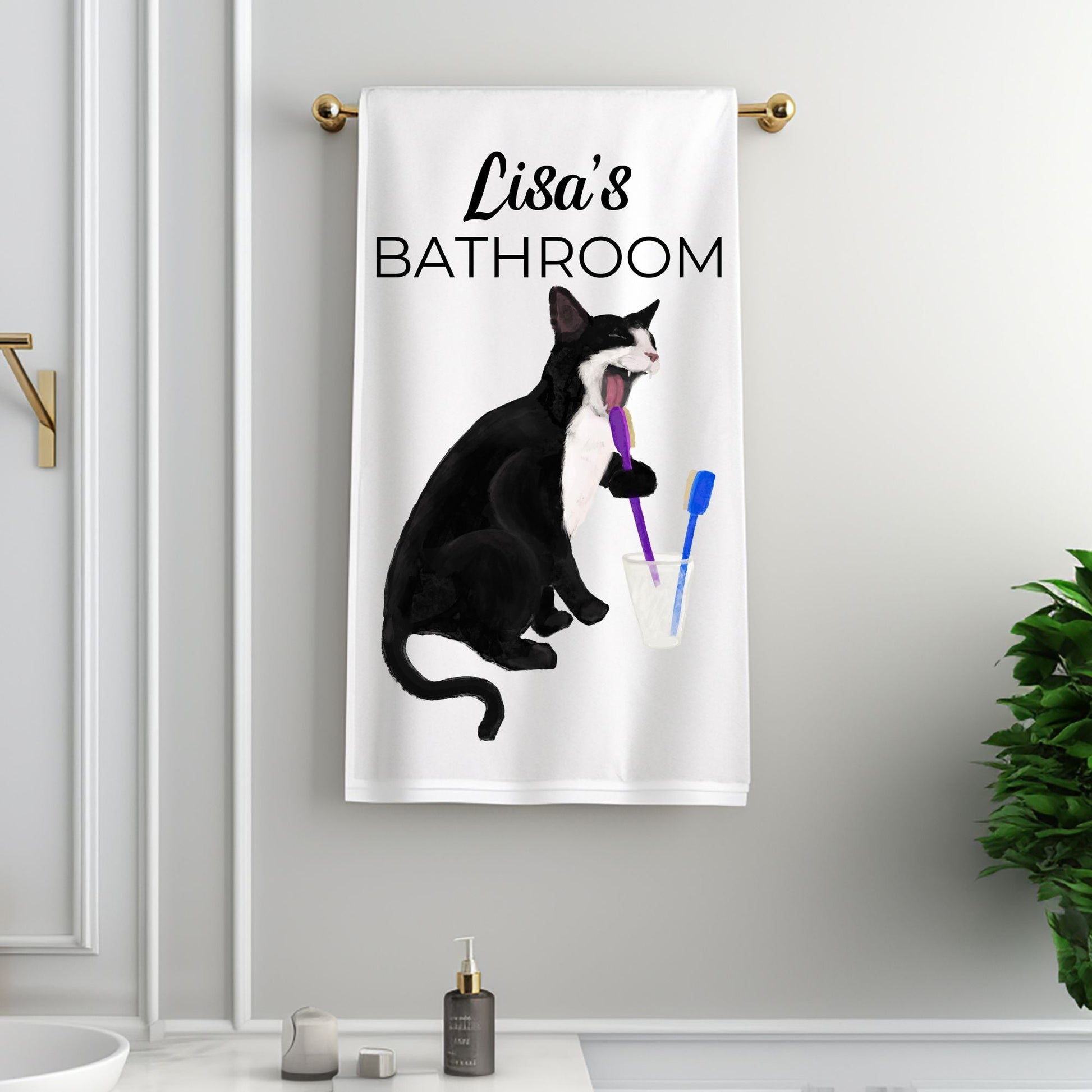 Tuxedo Cat Brushing Teeth Bathroom Towel - MerikaArt