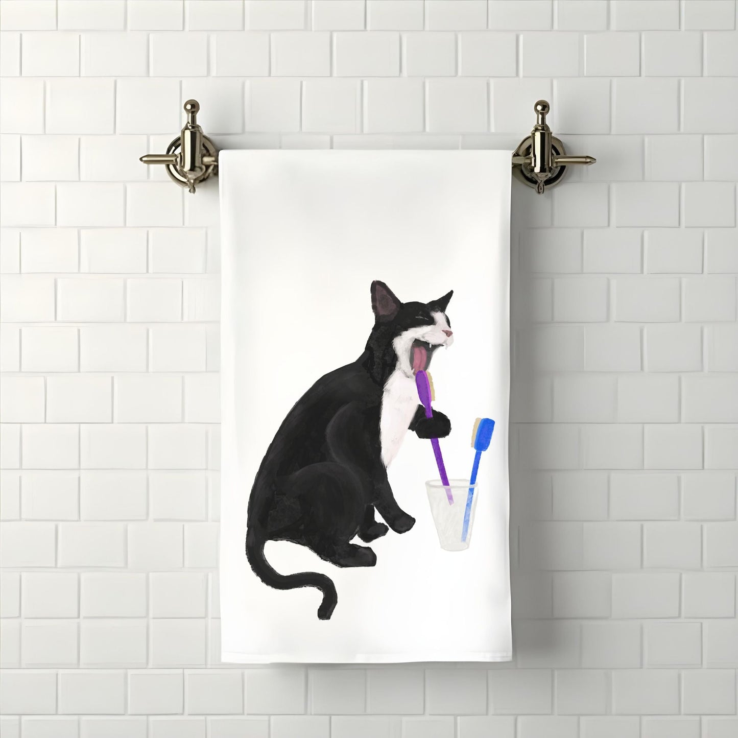 Tuxedo Cat Brushing Teeth Bathroom Towel - MerikaArt