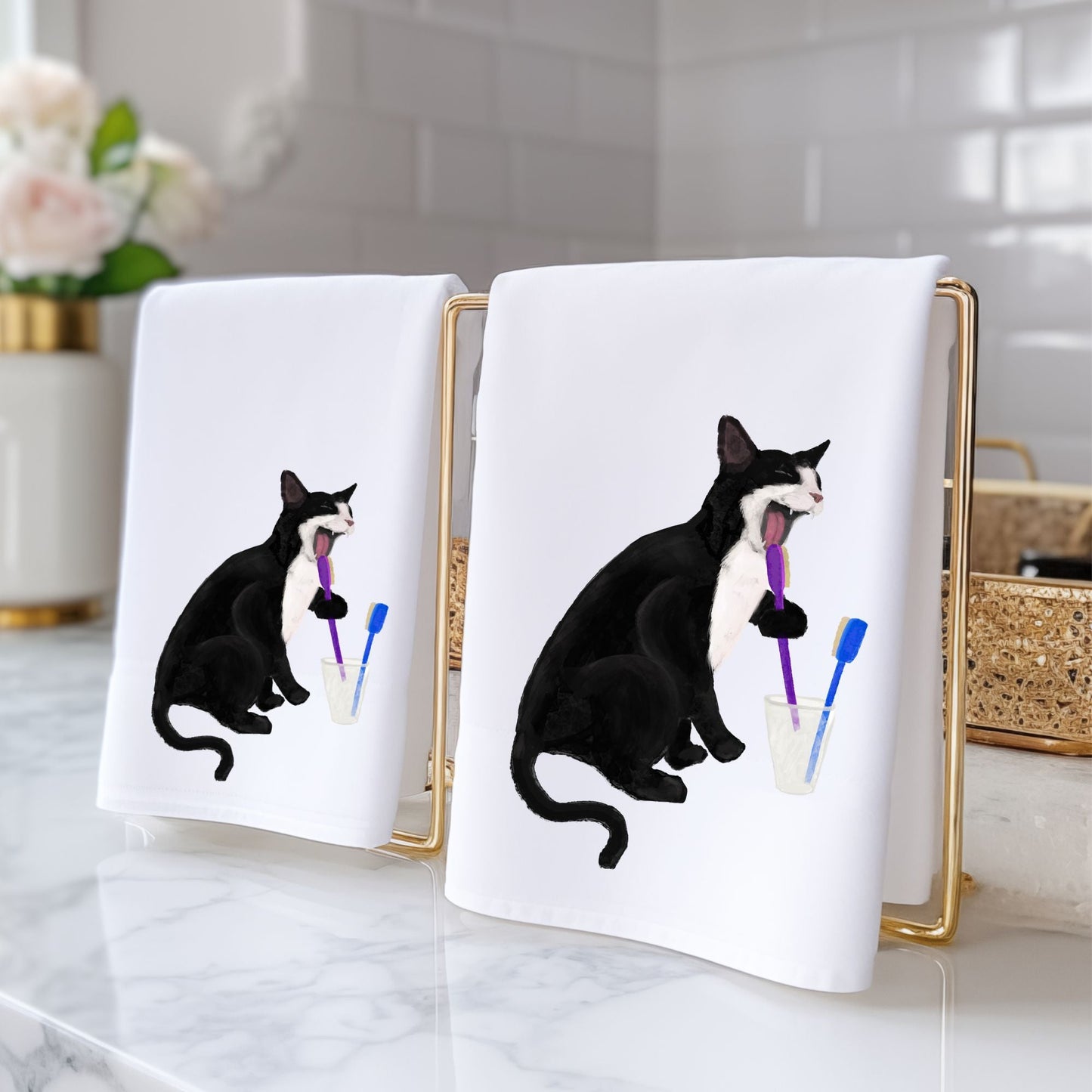 Tuxedo Cat Brushing Teeth Bathroom Towel - MerikaArt
