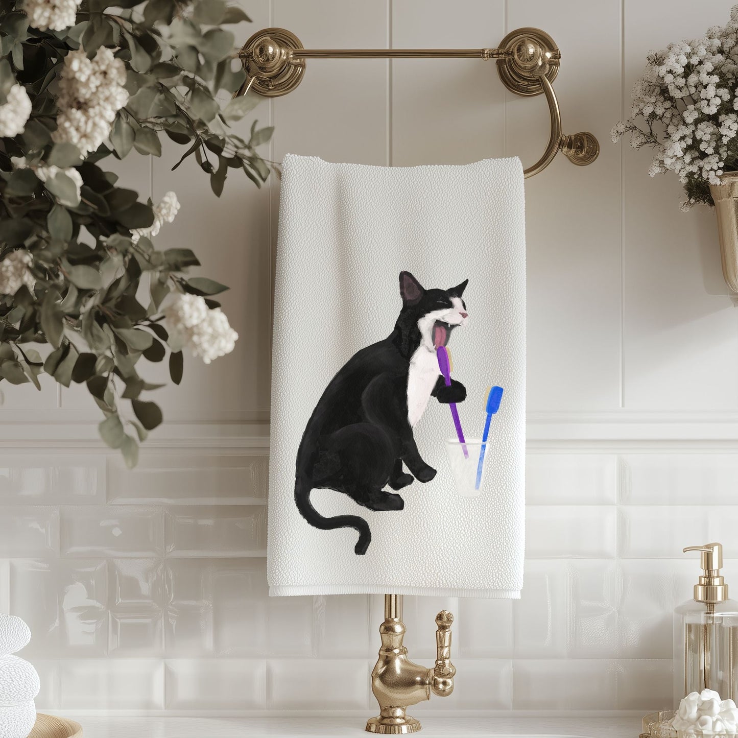 Tuxedo Cat Brushing Teeth Bathroom Towel - MerikaArt
