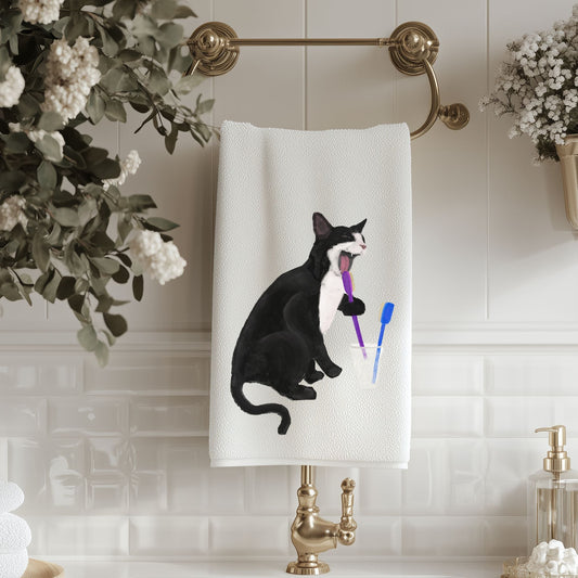 Tuxedo Cat Brushing Teeth Bathroom Towel - MerikaArt