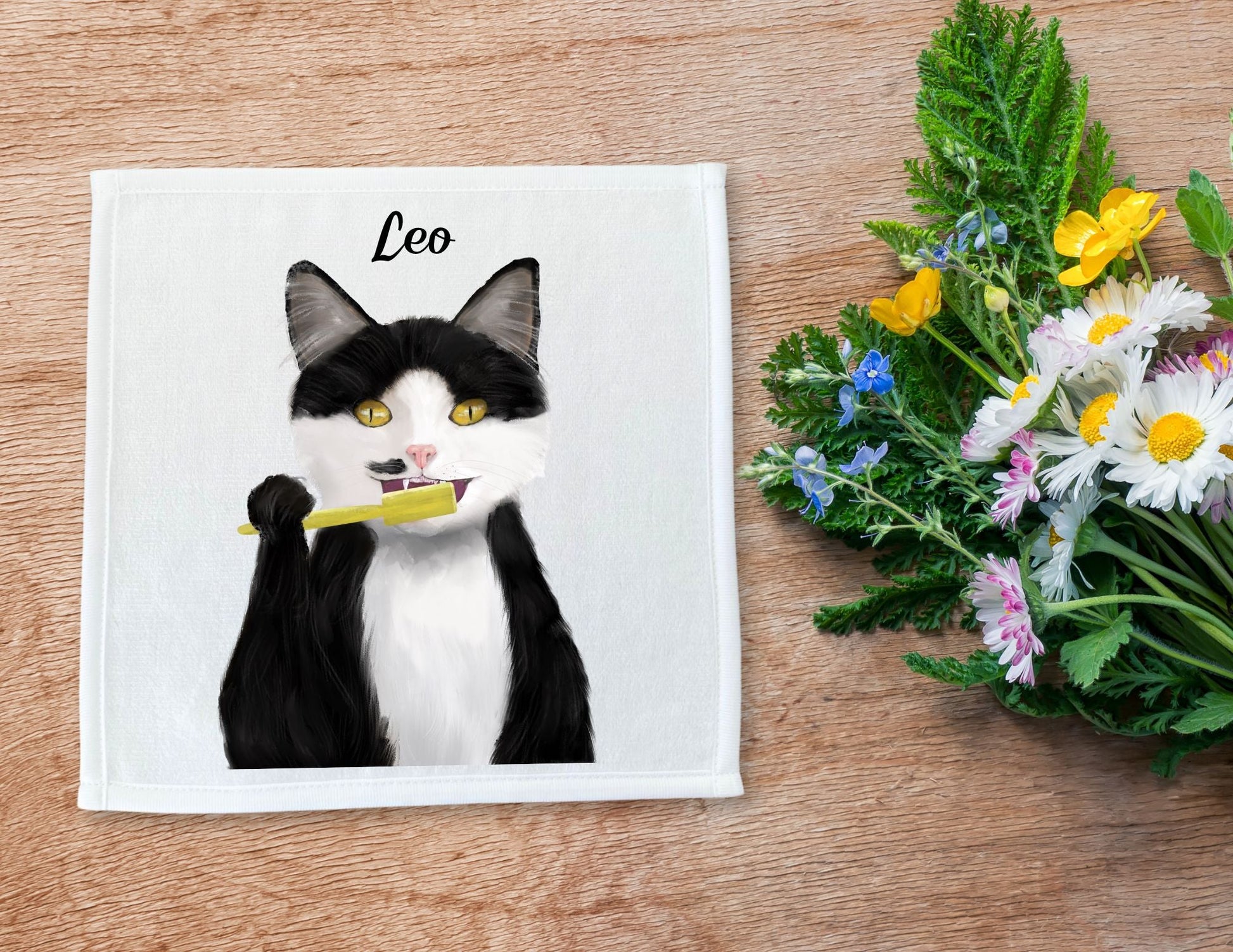 Tuxedo Cat Brushing Teeth Washcloth - MerikaArt