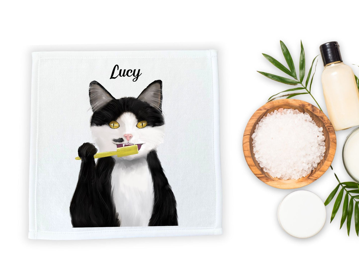 Tuxedo Cat Brushing Teeth Washcloth - MerikaArt