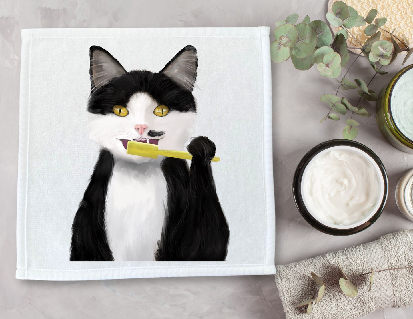 Tuxedo Cat Brushing Teeth Washcloth - MerikaArt