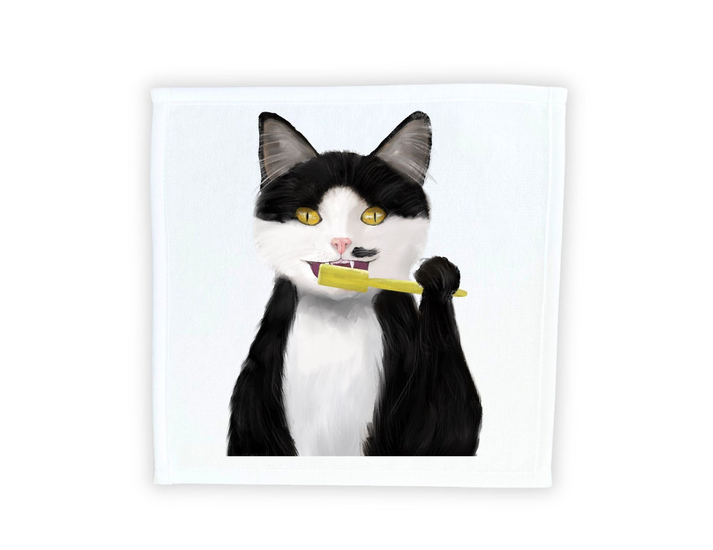 Tuxedo Cat Brushing Teeth Washcloth - MerikaArt
