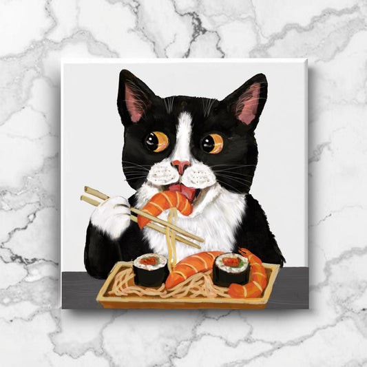 Tuxedo Cat Eating Sushi Ceramic Tile - MerikaArt