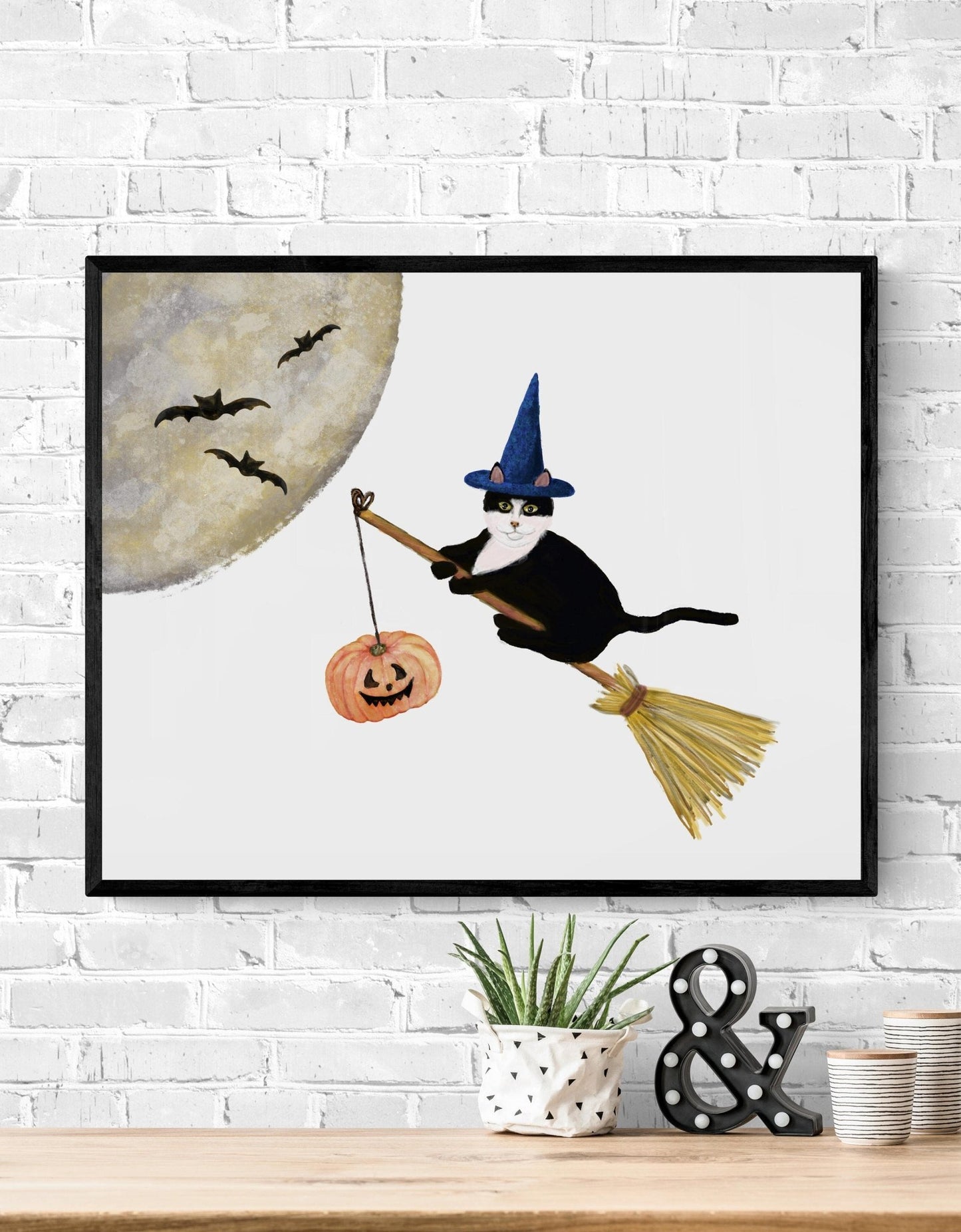 Tuxedo Cat Flying with a Broom Print, Halloween Cat Painting, Black and White Cat Portrait, Holiday Wall Art, Tuxedo Cat Flying with Bats - MerikaArt