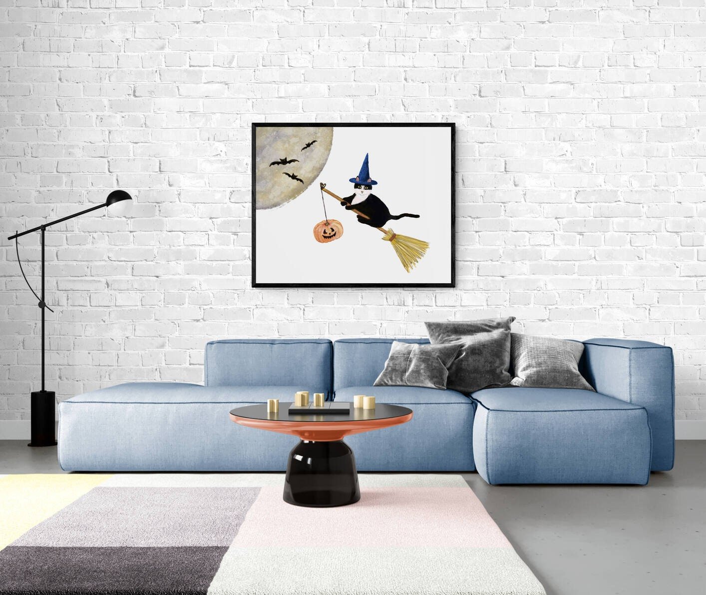 Tuxedo Cat Flying with a Broom Print, Halloween Cat Painting, Black and White Cat Portrait, Holiday Wall Art, Tuxedo Cat Flying with Bats - MerikaArt