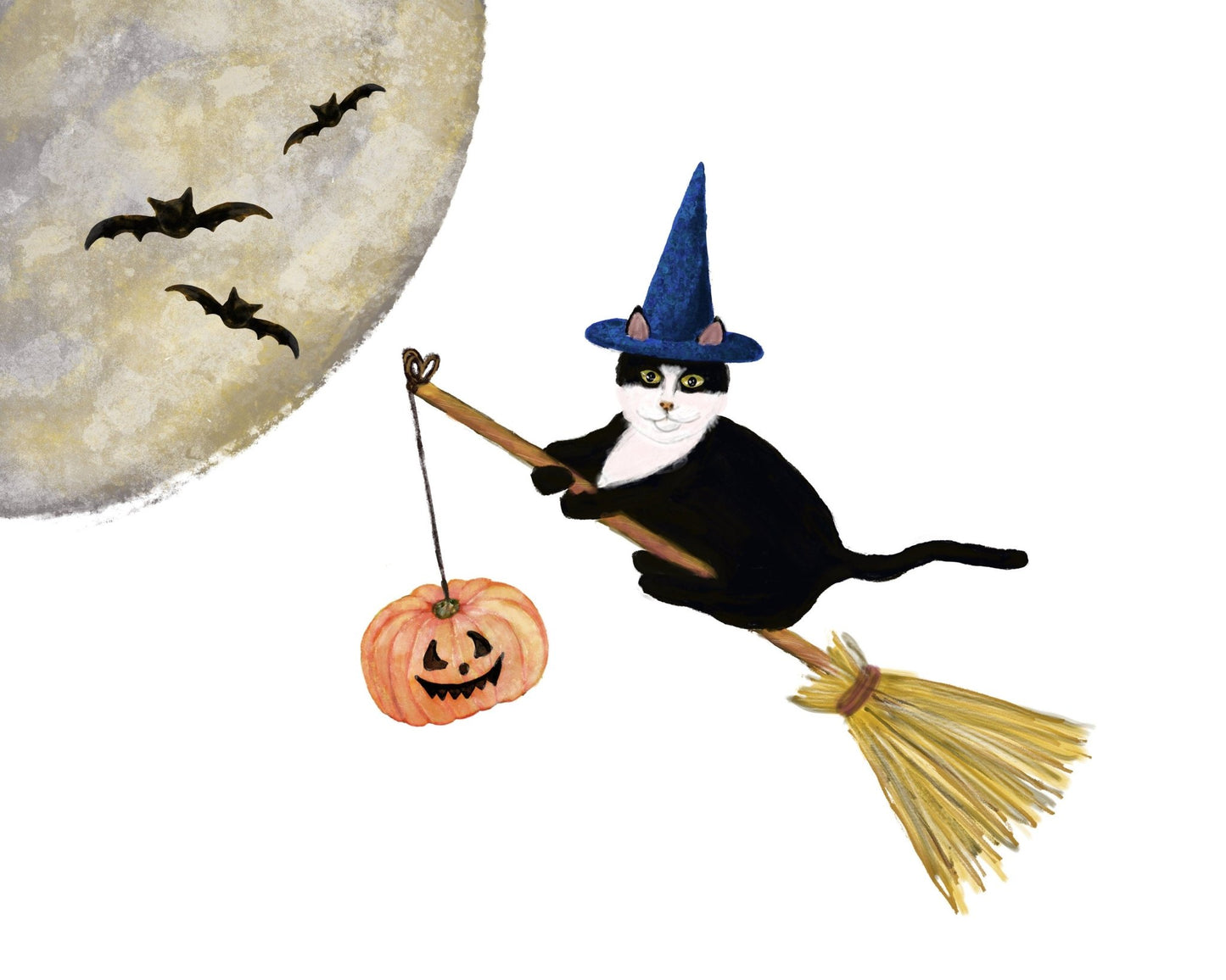 Tuxedo Cat Flying with a Broom Print, Halloween Cat Painting, Black and White Cat Portrait, Holiday Wall Art, Tuxedo Cat Flying with Bats - MerikaArt