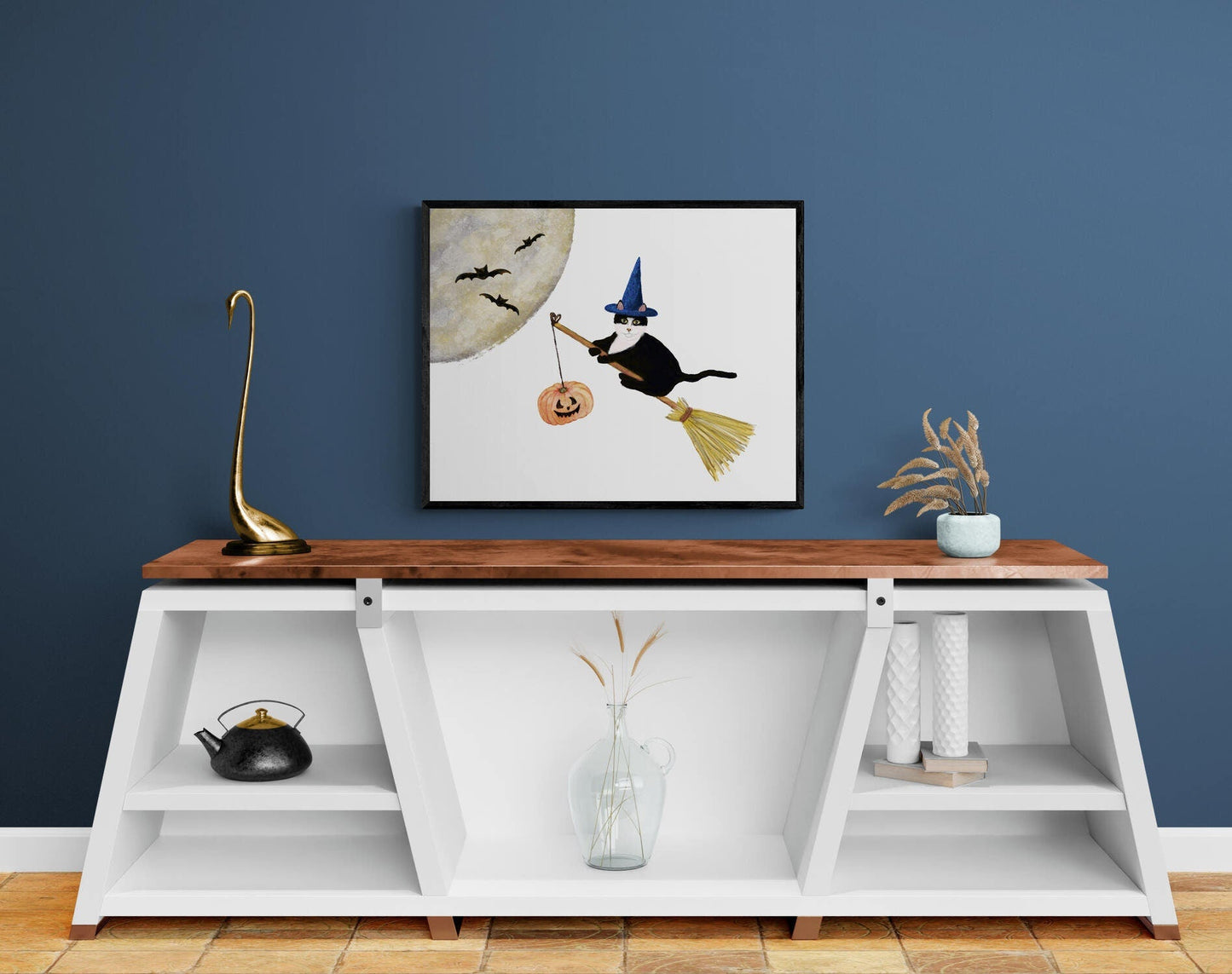 Tuxedo Cat Flying with a Broom Print, Halloween Cat Painting, Black and White Cat Portrait, Holiday Wall Art, Tuxedo Cat Flying with Bats - MerikaArt