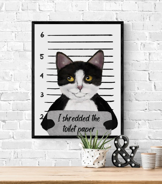 Tuxedo Cat Mug Shot Print, Tuxedo Cat in Prison Artwork, Bathroom Painting, Cat Shredded Toilet Paper Print, Cat Lover Gift, Funny Cat Gift - MerikaArt