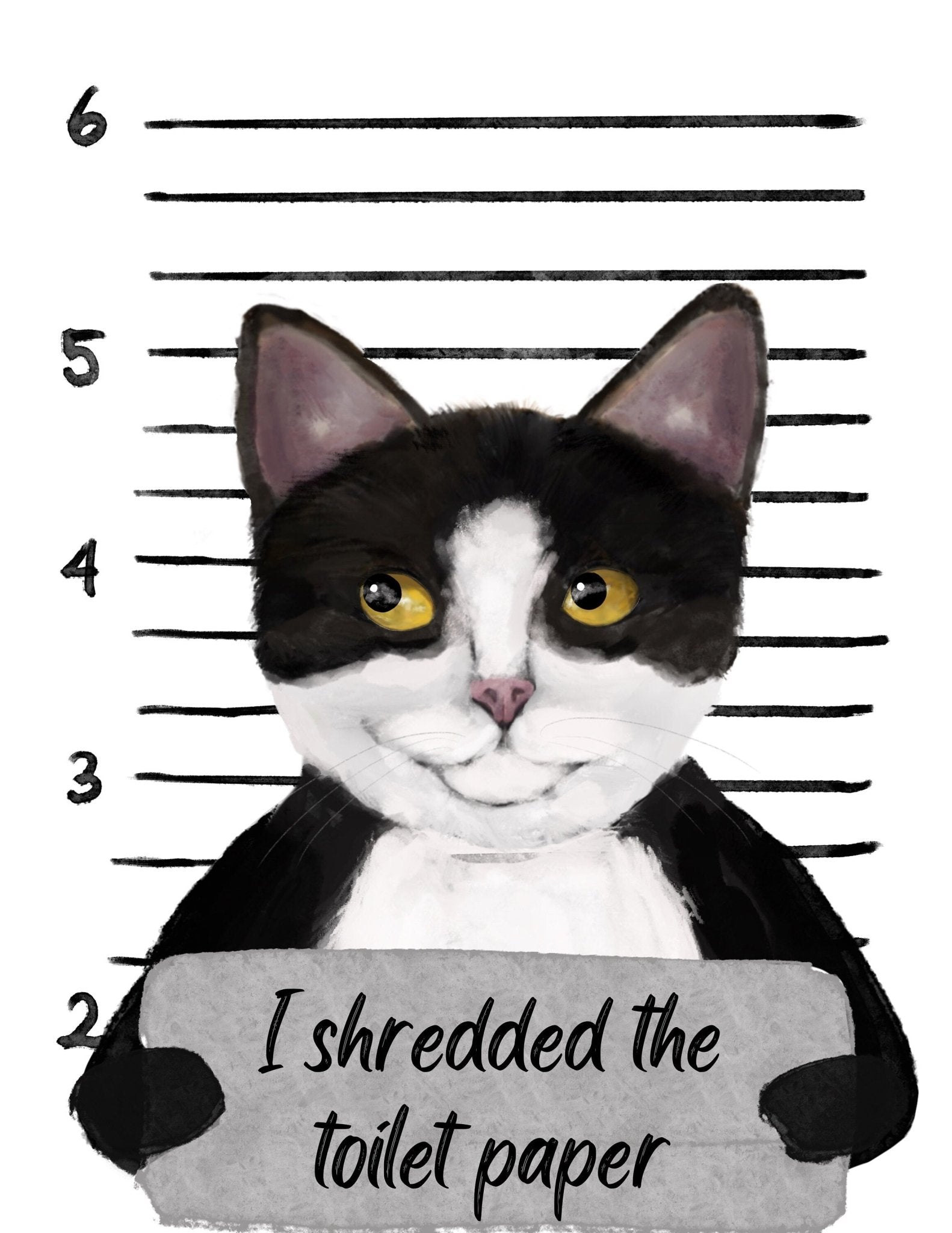 Tuxedo Cat Mug Shot Print, Tuxedo Cat in Prison Artwork, Bathroom Painting, Cat Shredded Toilet Paper Print, Cat Lover Gift, Funny Cat Gift - MerikaArt
