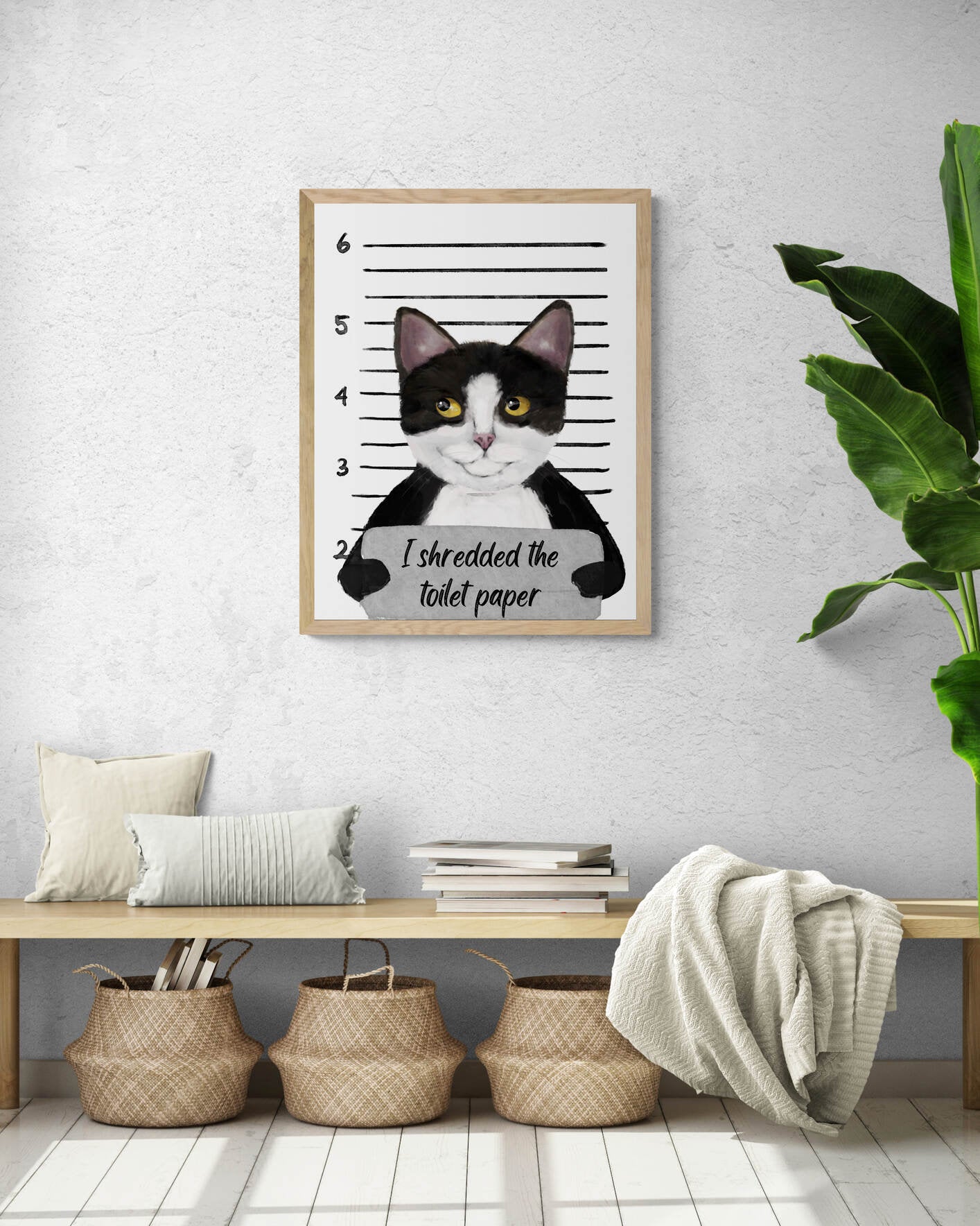 Tuxedo Cat Mug Shot Print, Tuxedo Cat in Prison Artwork, Bathroom Painting, Cat Shredded Toilet Paper Print, Cat Lover Gift, Funny Cat Gift - MerikaArt