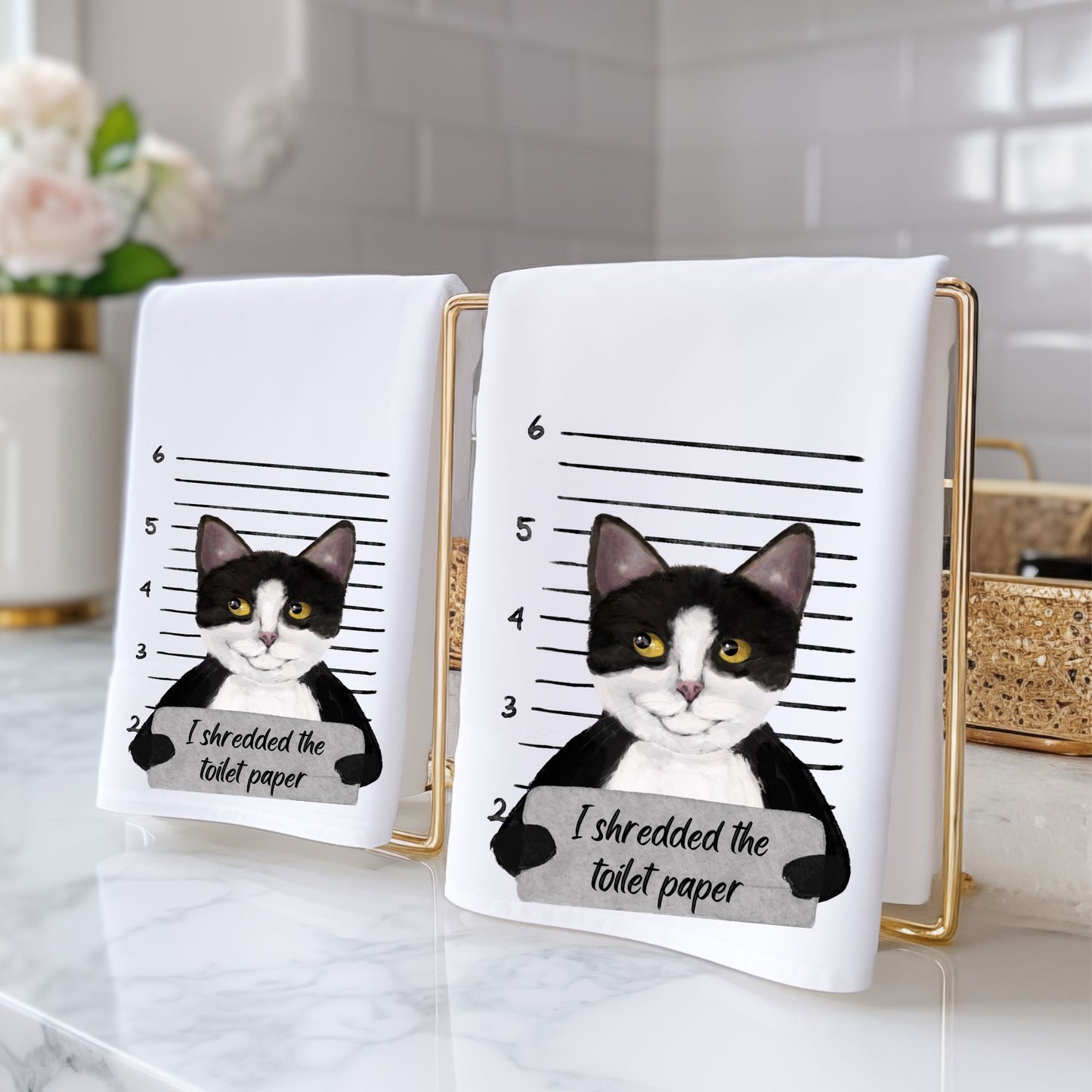 Tuxedo Cat Mugshot Bathroom Towel - MerikaArt