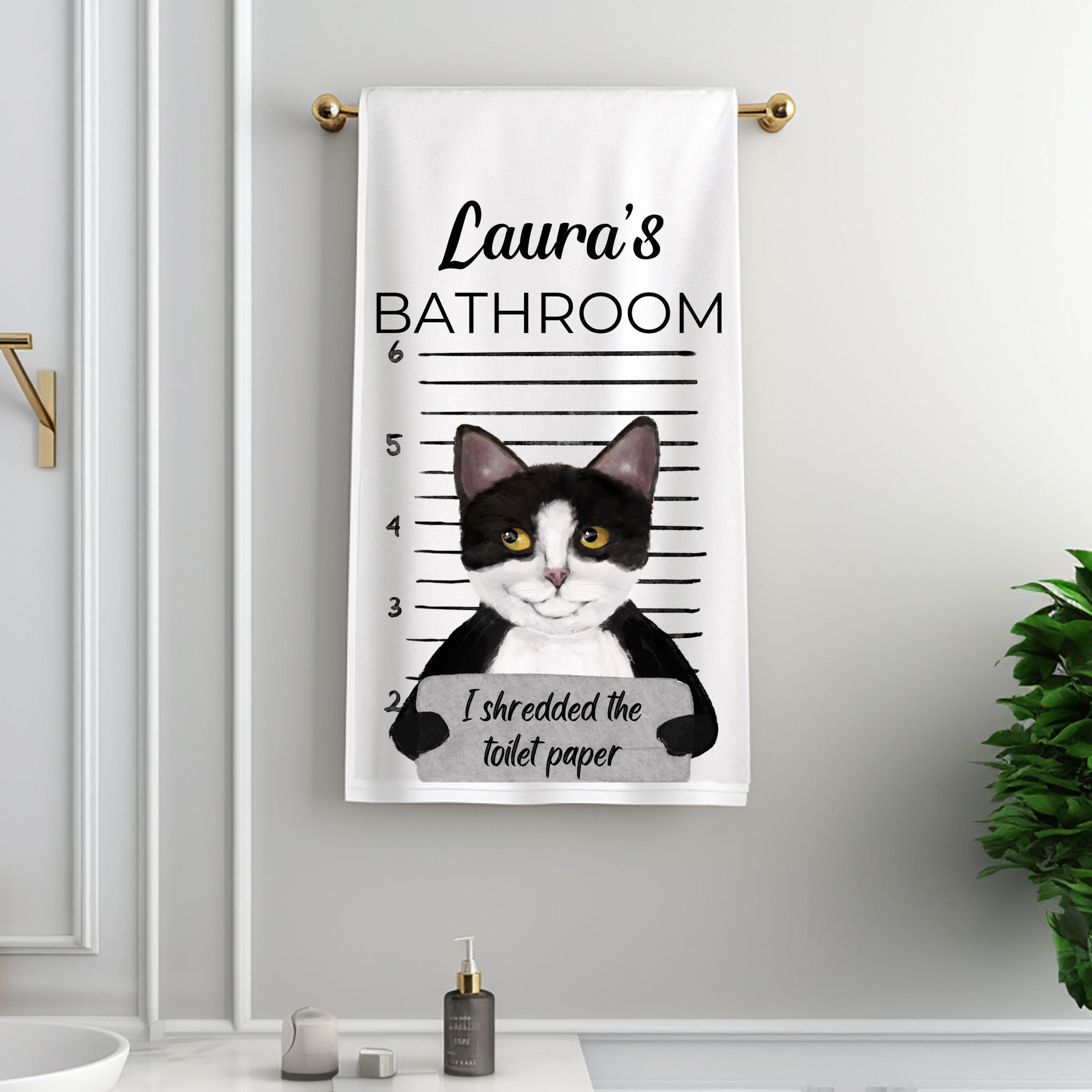 Tuxedo Cat Mugshot Bathroom Towel - MerikaArt