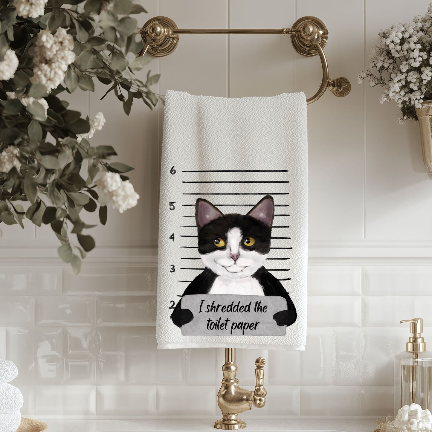 Tuxedo Cat Mugshot Bathroom Towel - MerikaArt