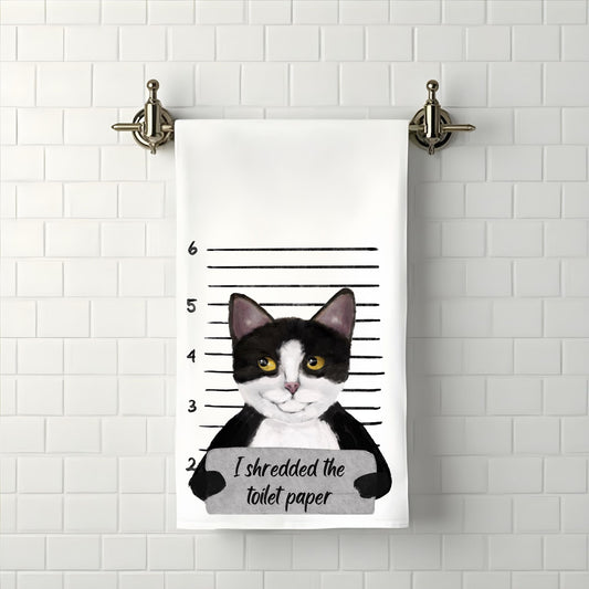 Tuxedo Cat Mugshot Bathroom Towel - MerikaArt