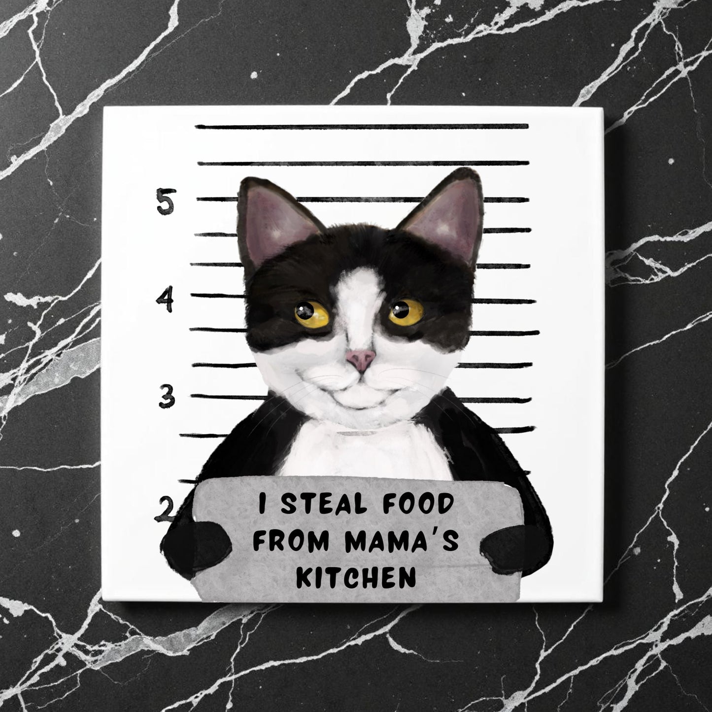 Tuxedo Cat Mugshot Ceramic Tile - MerikaArt