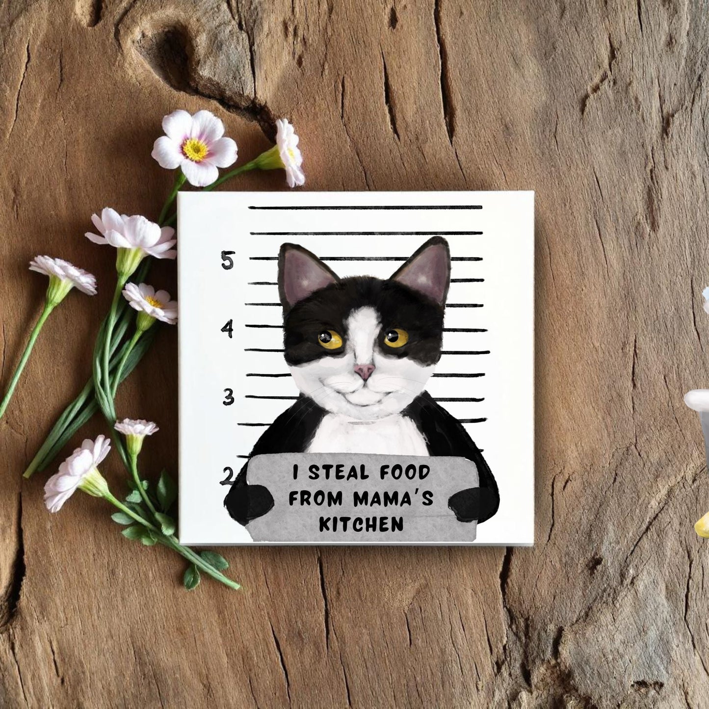 Tuxedo Cat Mugshot Ceramic Tile - MerikaArt