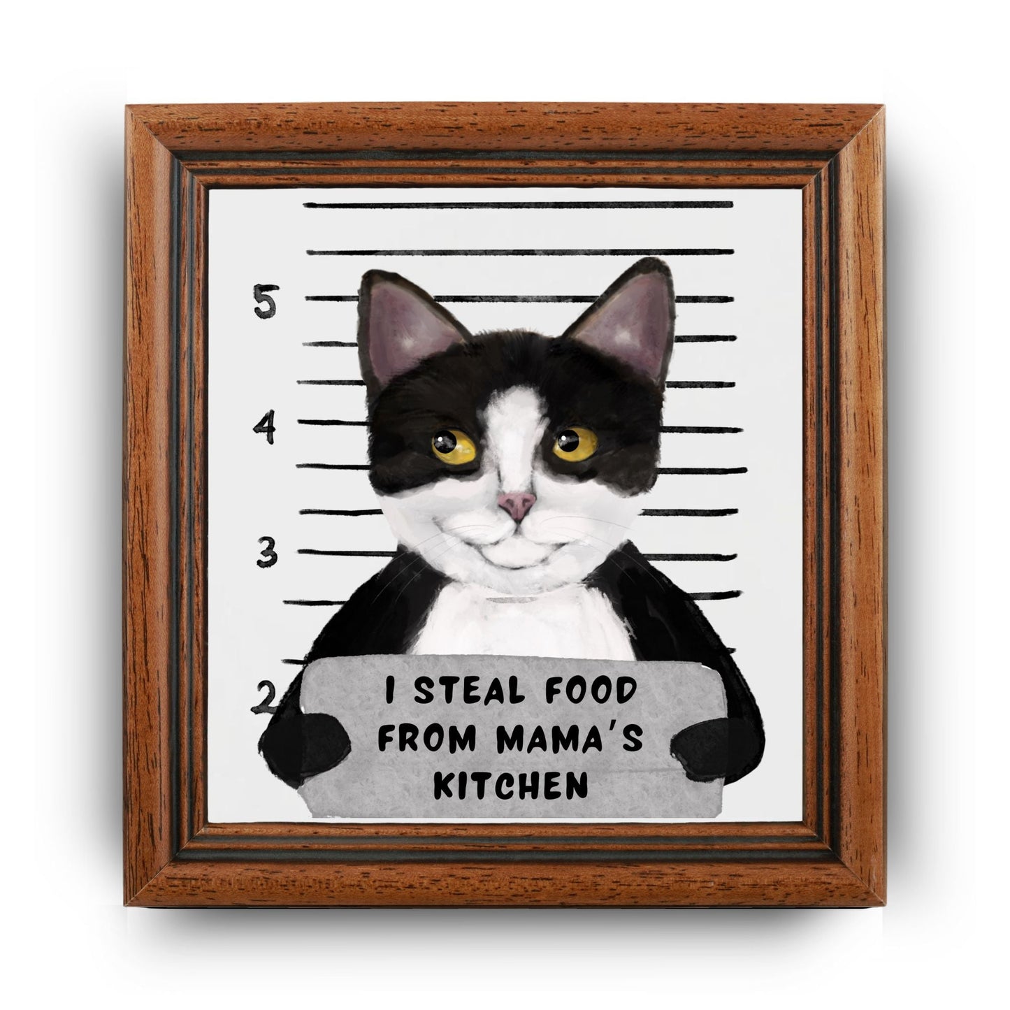 Tuxedo Cat Mugshot Ceramic Tile - MerikaArt