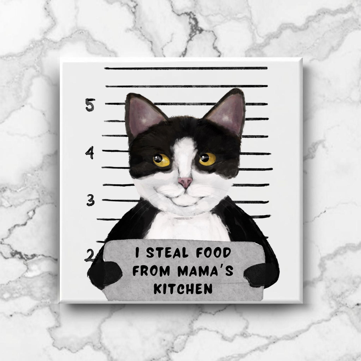 Tuxedo Cat Mugshot Ceramic Tile - MerikaArt
