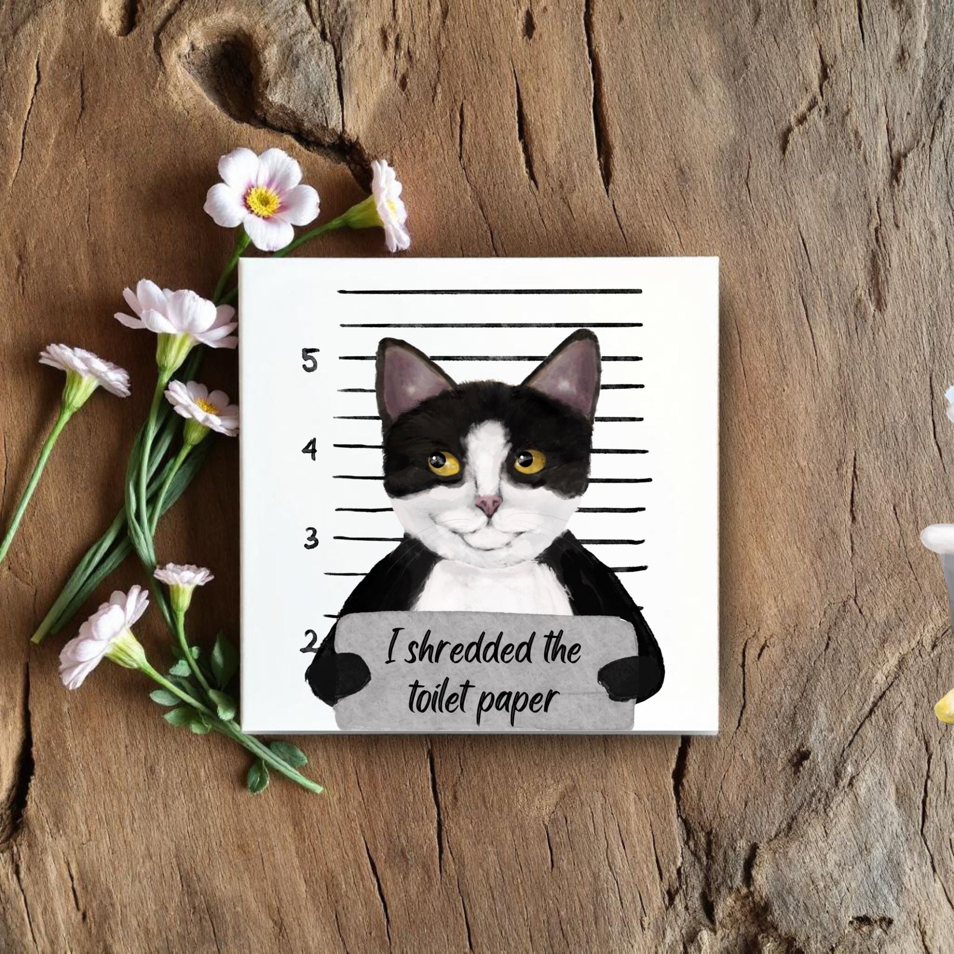 Tuxedo Cat Mugshot Ceramic Tile – Handcrafted Whimsical Pet Art Decor - MerikaArt