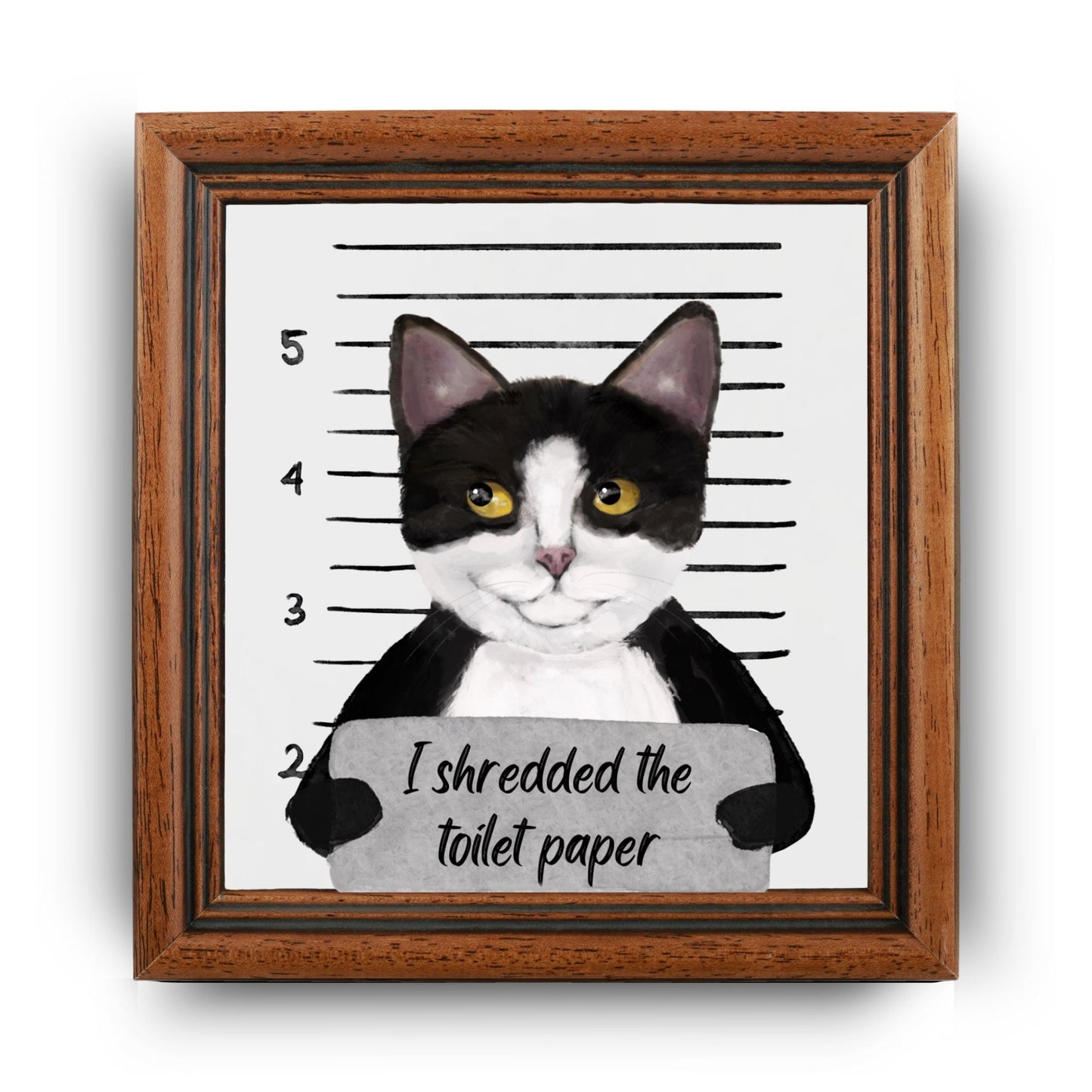 Tuxedo Cat Mugshot Ceramic Tile – Handcrafted Whimsical Pet Art Decor - MerikaArt
