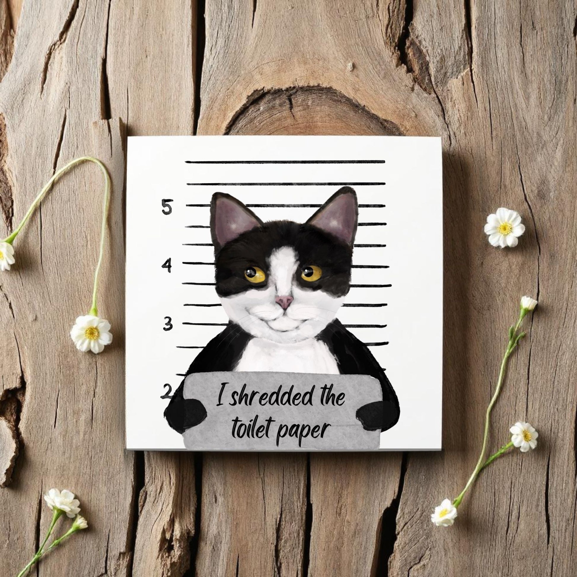 Tuxedo Cat Mugshot Ceramic Tile – Handcrafted Whimsical Pet Art Decor - MerikaArt
