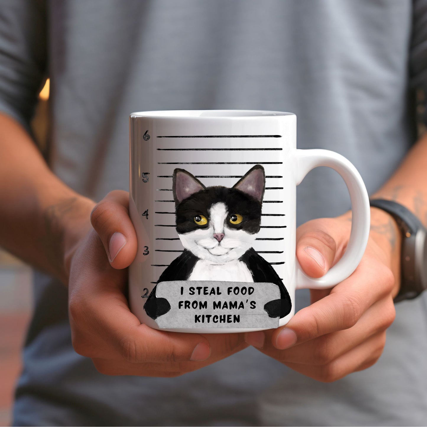 Tuxedo Cat Mugshot Mug - MerikaArt