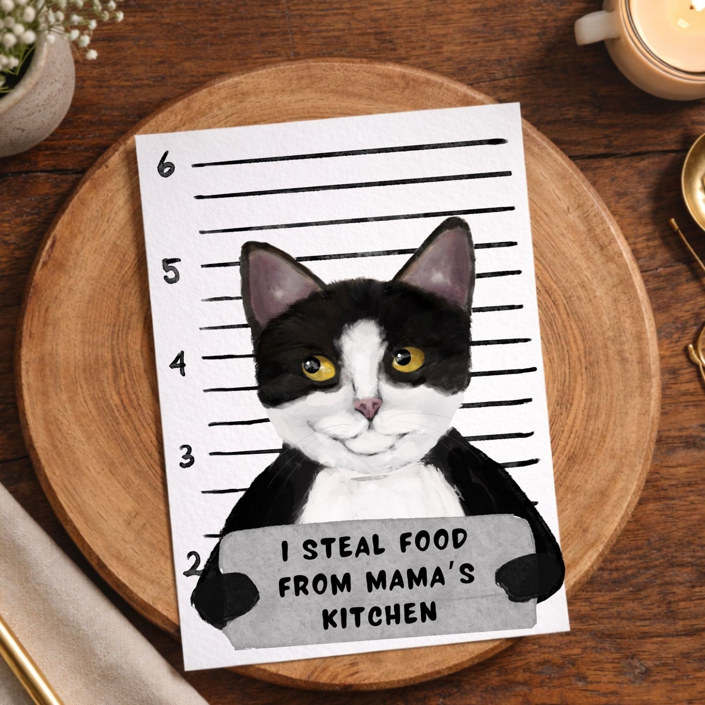 Tuxedo Cat Mugshot Postcard - MerikaArt