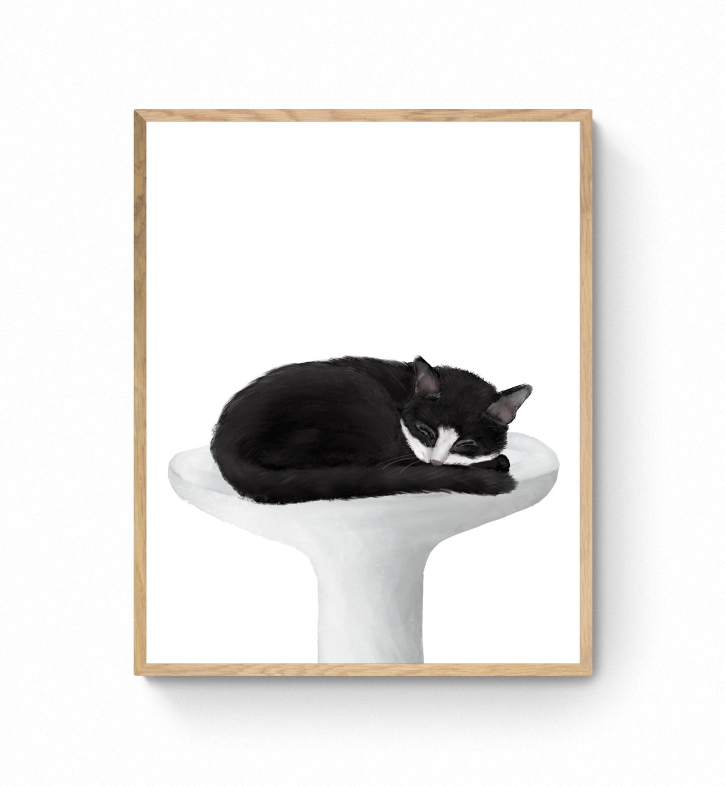Tuxedo Cat Sleeping In Sink Art, Black and White Cat In Bath Print, Kitten Art, Cat Illustration, Home Decor, Spa Cat Painting, Cat Lover - MerikaArt