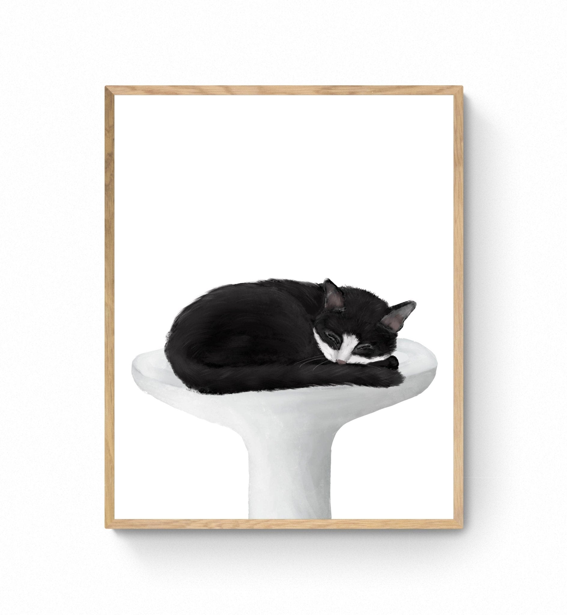 Tuxedo Cat Sleeping In Sink Art, Black and White Cat In Bath Print, Kitten Art, Cat Illustration, Home Decor, Spa Cat Painting, Cat Lover - MerikaArt