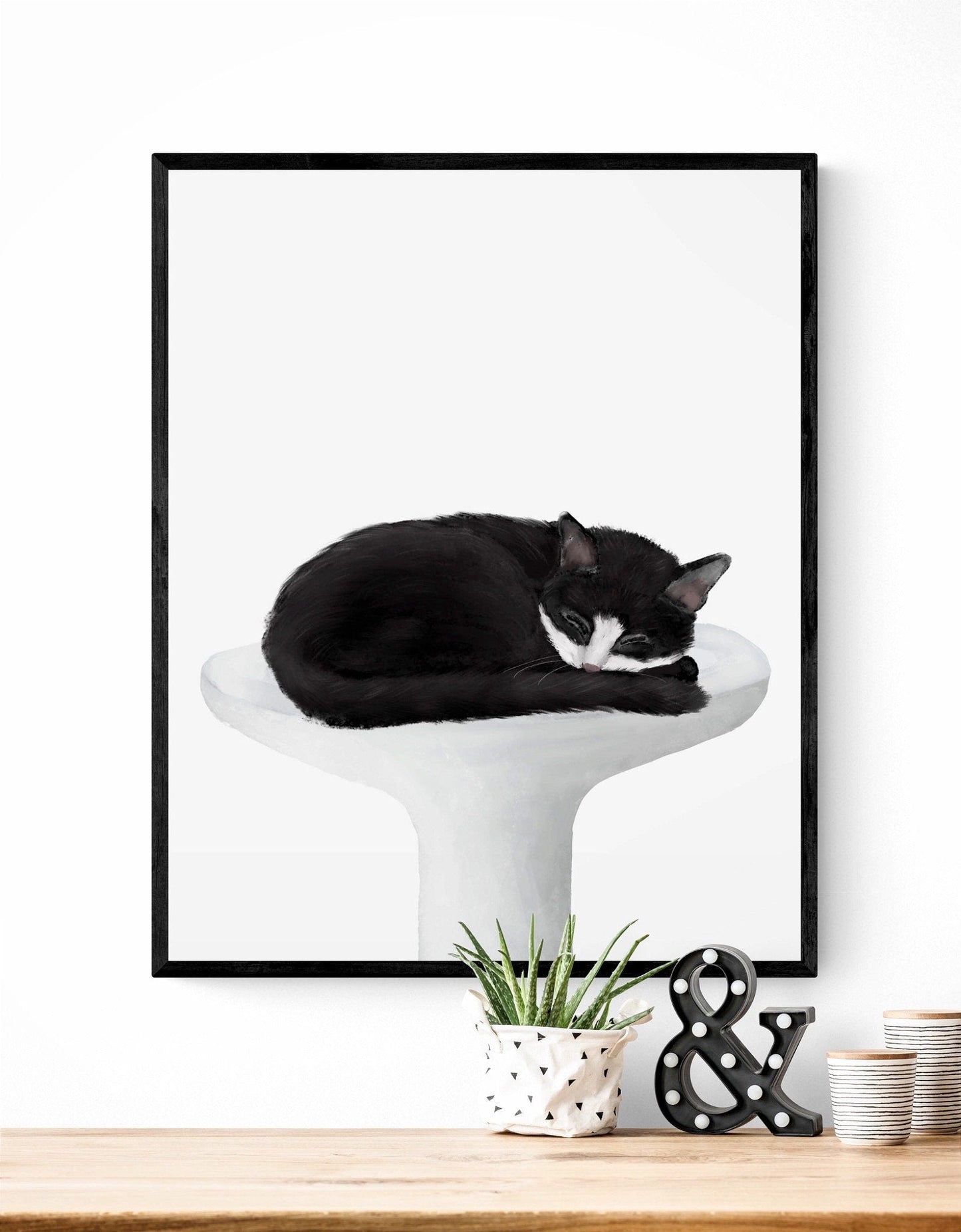 Tuxedo Cat Sleeping In Sink Art, Black and White Cat In Bath Print, Kitten Art, Cat Illustration, Home Decor, Spa Cat Painting, Cat Lover - MerikaArt