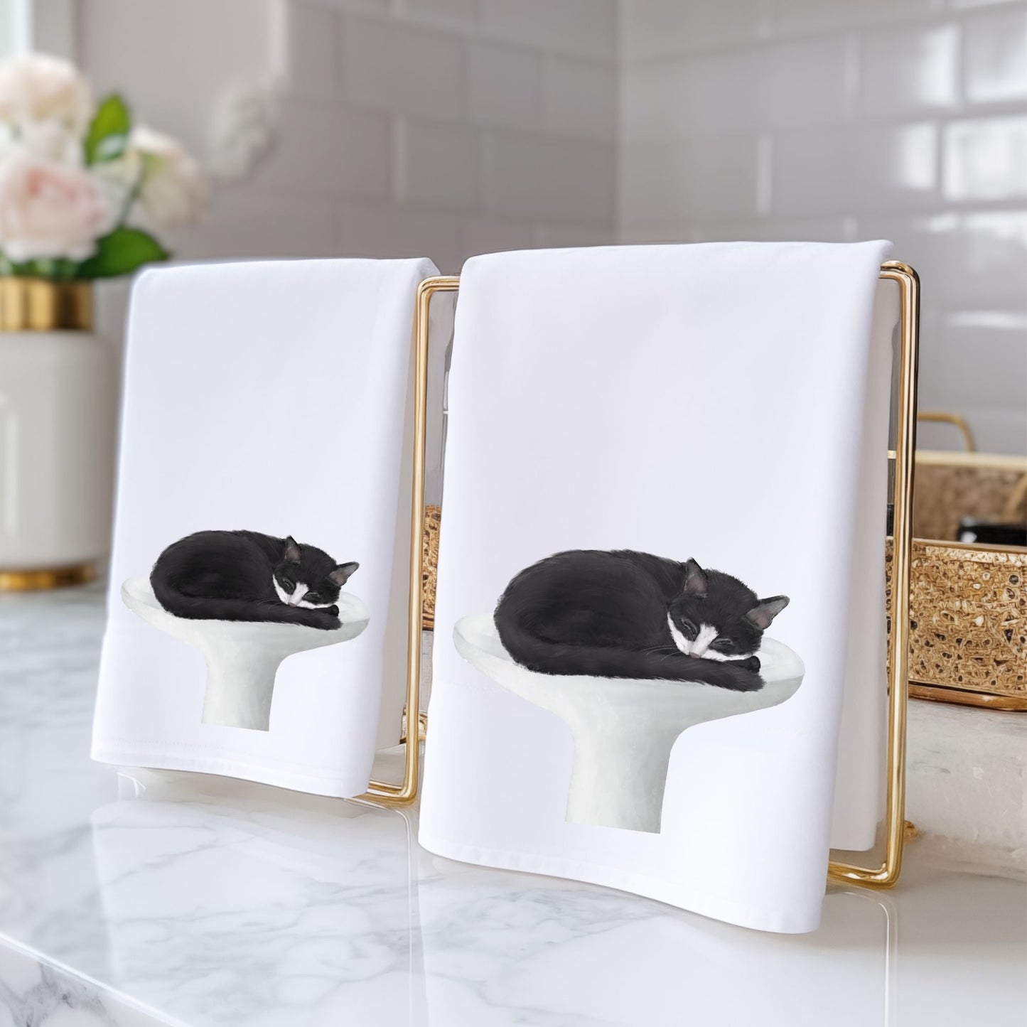 Tuxedo Cat Sleeping on Sink Bathroom Towel - MerikaArt