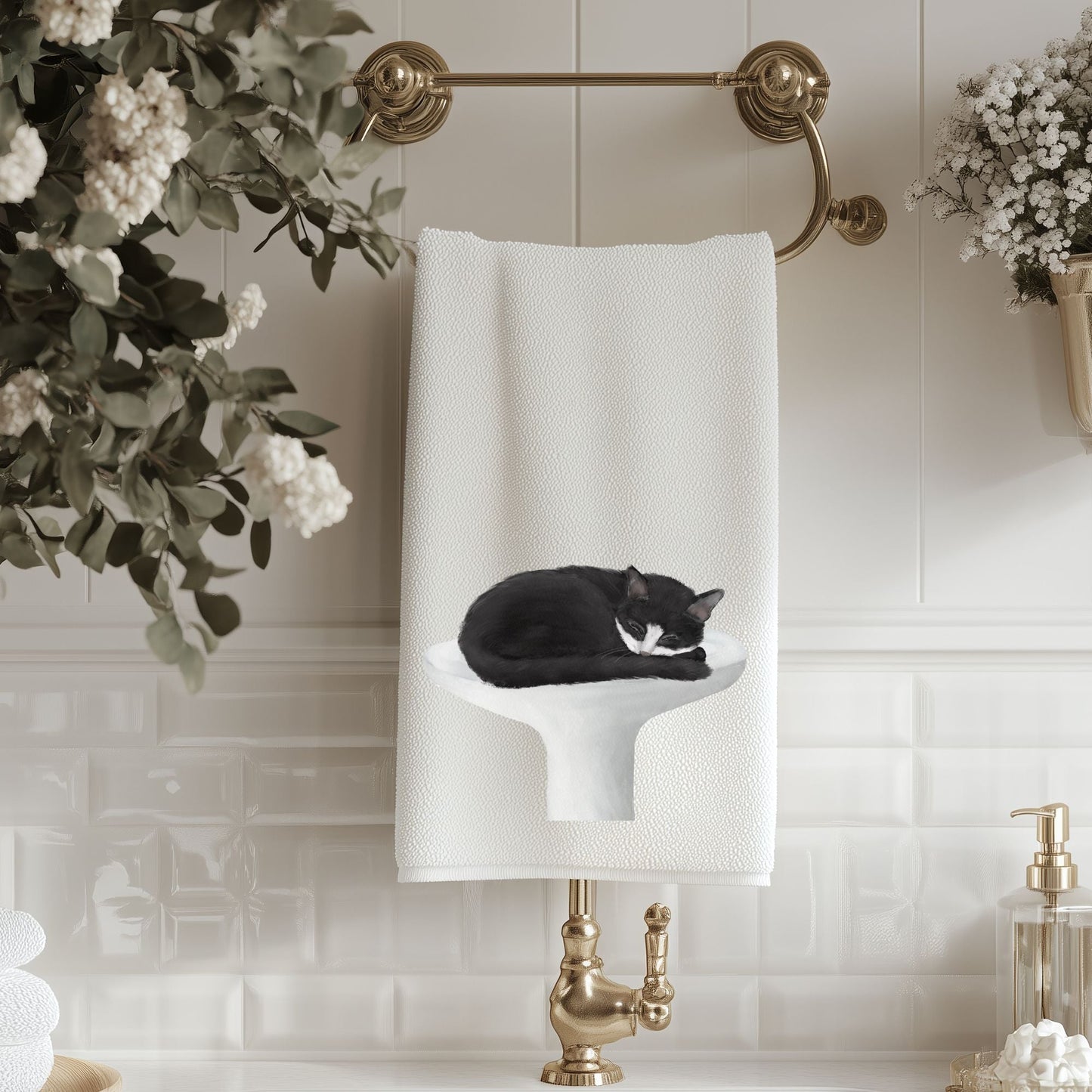 Tuxedo Cat Sleeping on Sink Bathroom Towel - MerikaArt