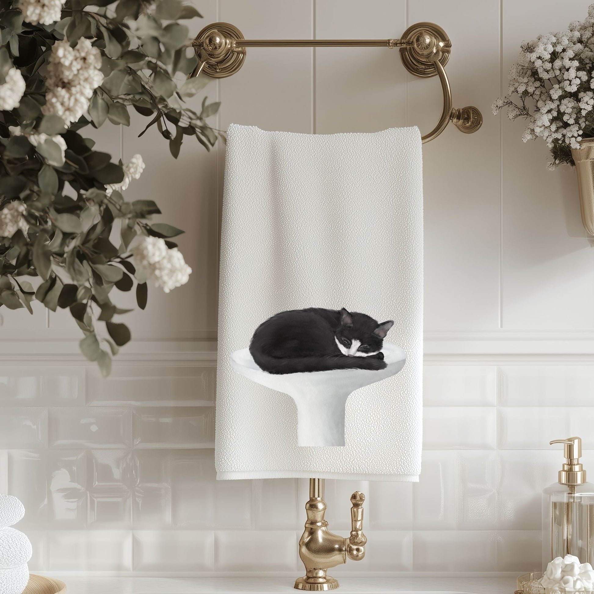 Tuxedo Cat Sleeping on Sink Bathroom Towel - MerikaArt