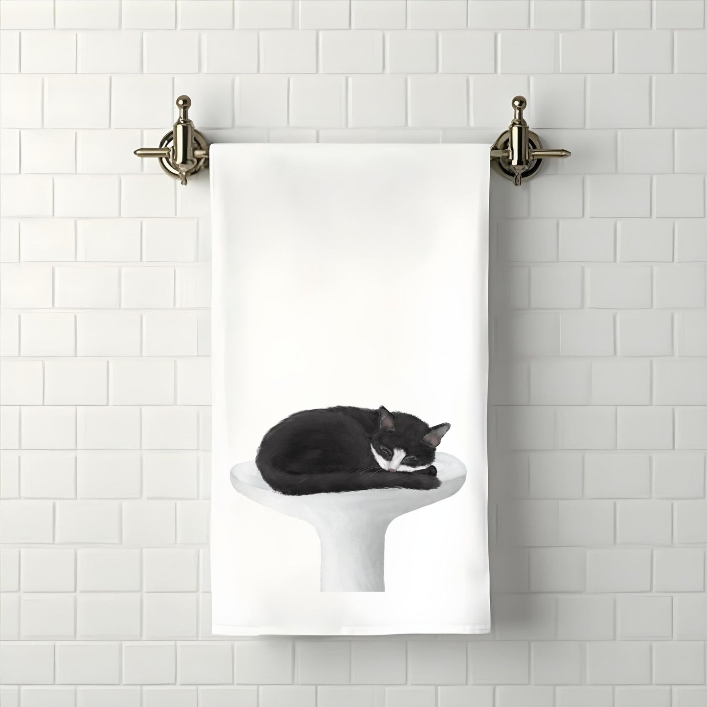 Tuxedo Cat Sleeping on Sink Bathroom Towel - MerikaArt