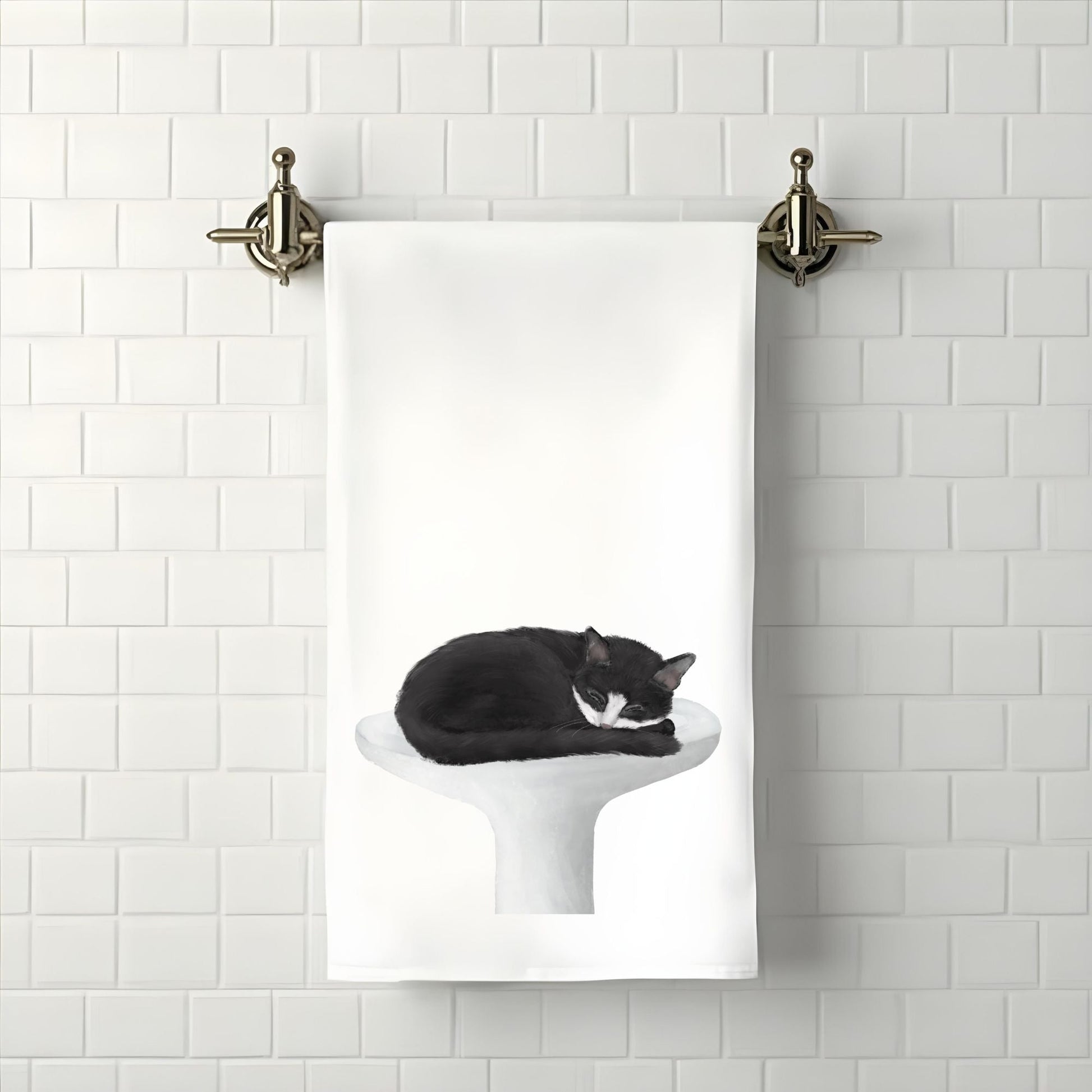 Tuxedo Cat Sleeping on Sink Bathroom Towel - MerikaArt