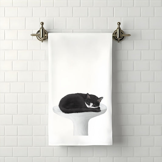 Tuxedo Cat Sleeping on Sink Bathroom Towel - MerikaArt