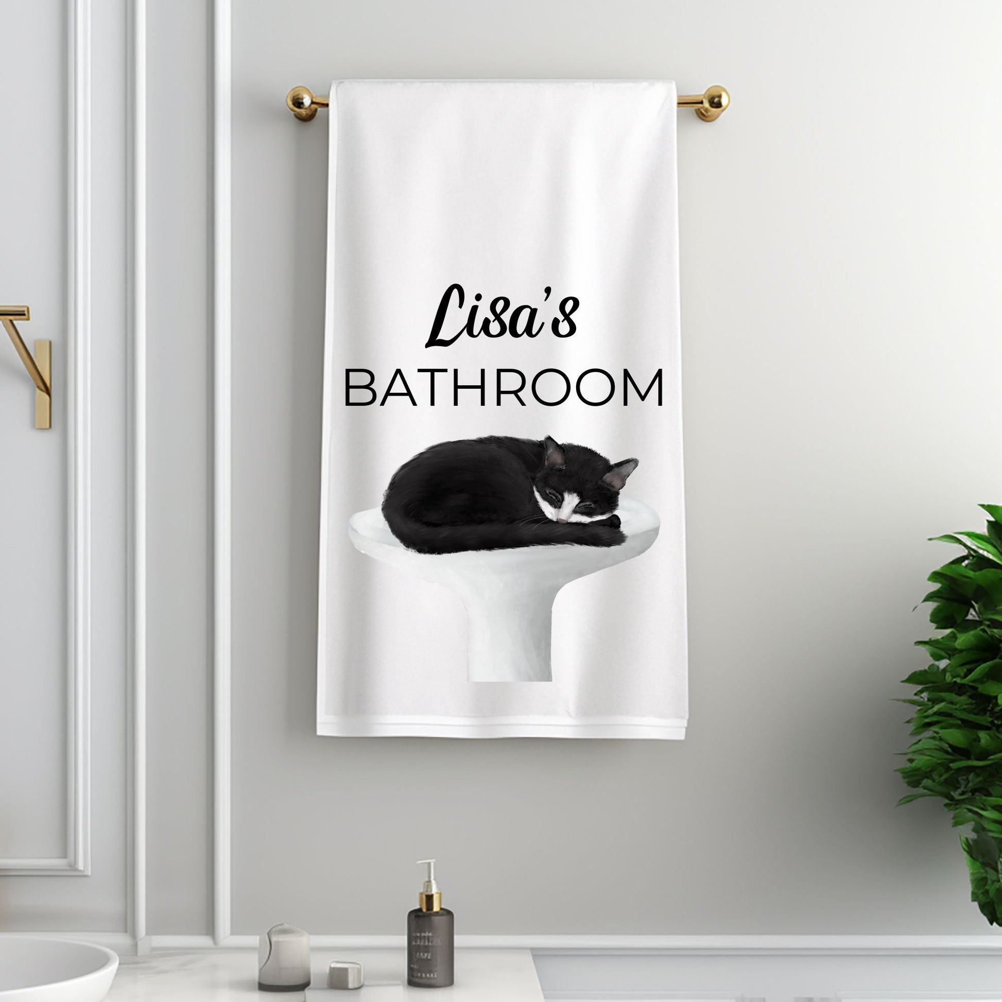 Tuxedo Cat Sleeping on Sink Bathroom Towel - MerikaArt