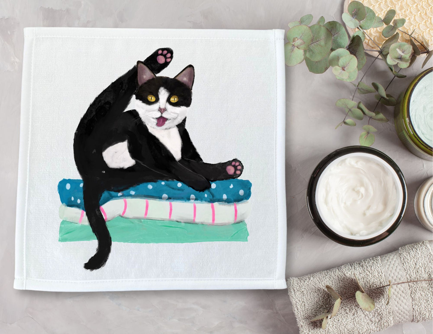 Tuxedo Cat Stretch Washcloth - MerikaArt
