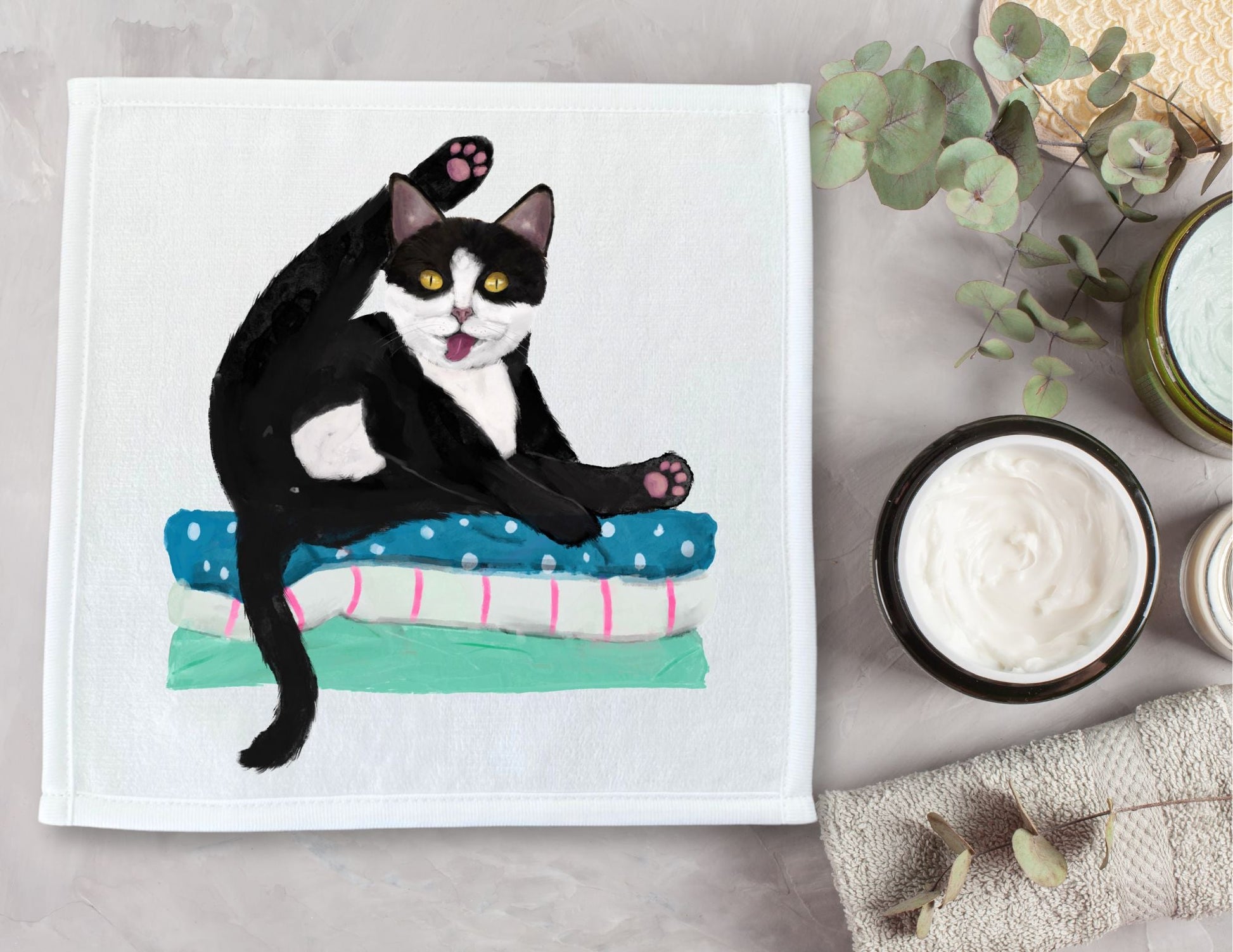 Tuxedo Cat Stretch Washcloth - MerikaArt