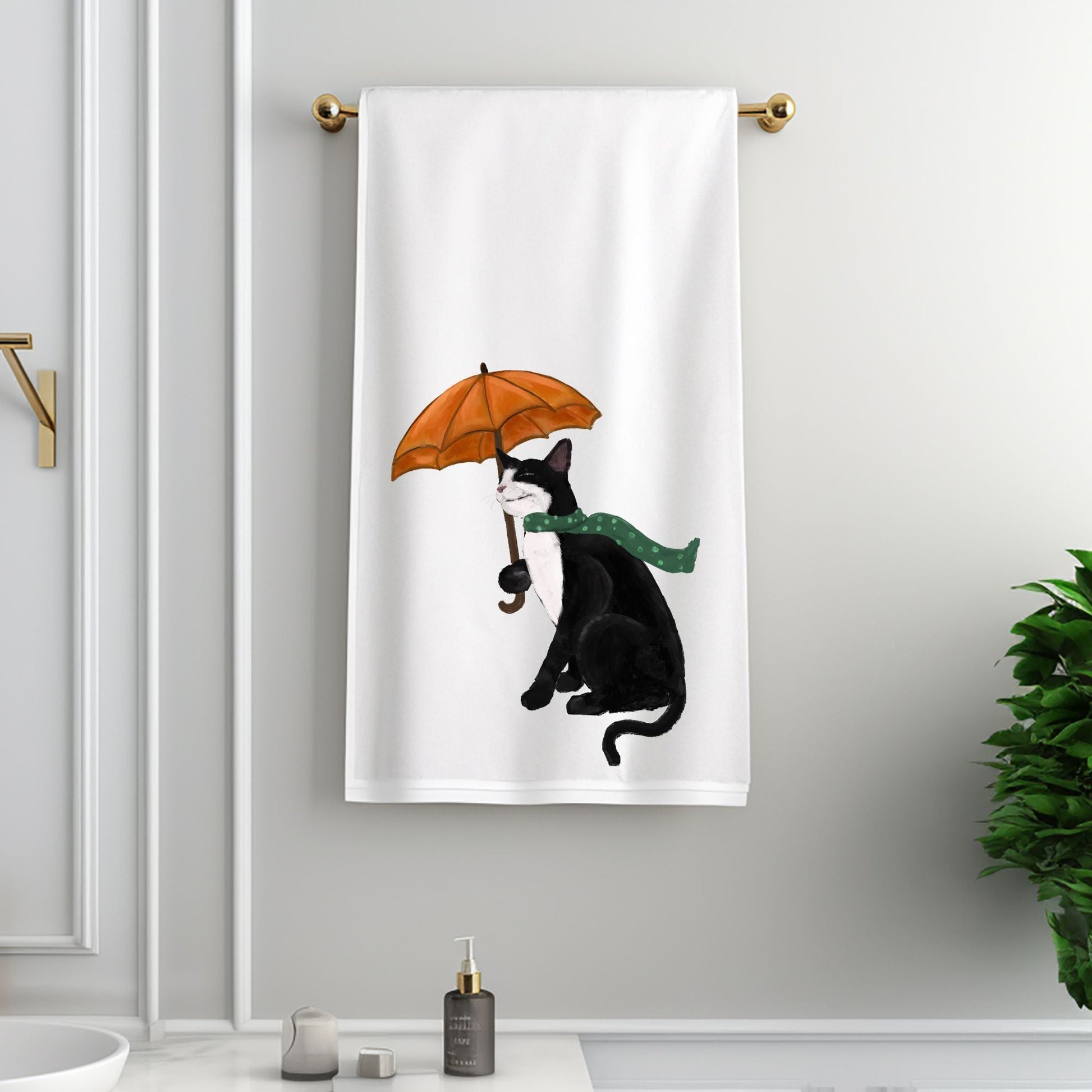 Tuxedo Cat with Umbrella Bathroom Towel - MerikaArt