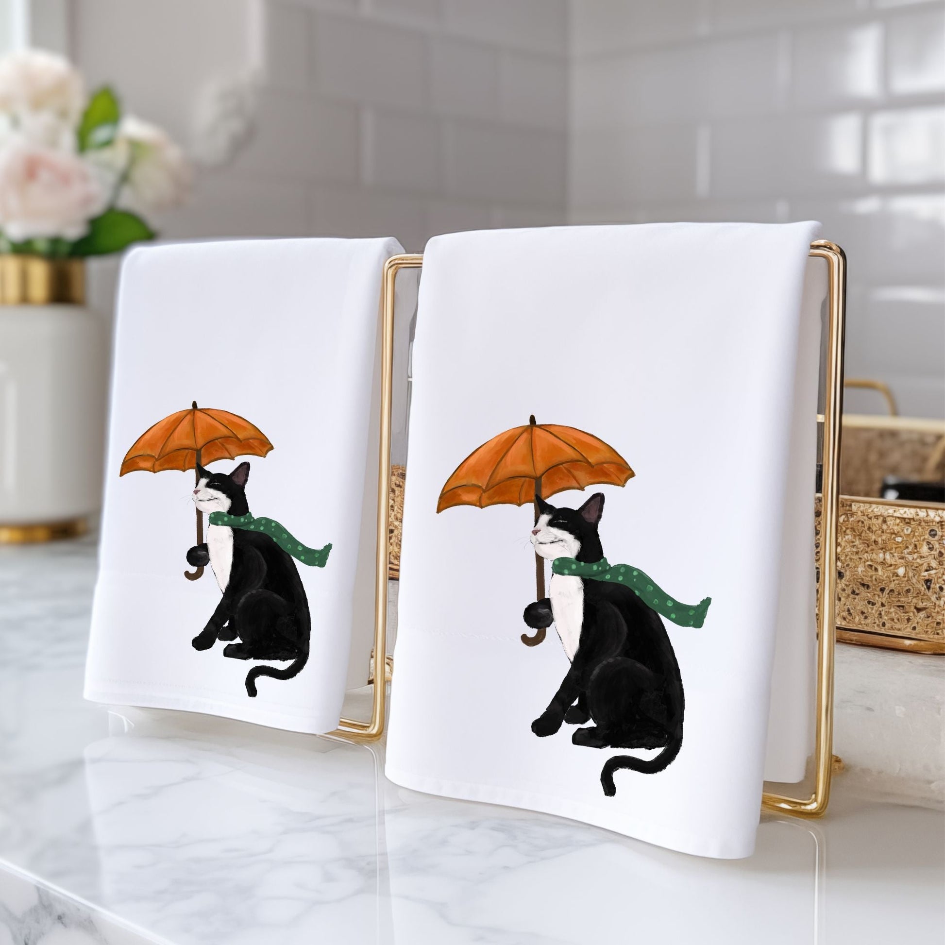 Tuxedo Cat with Umbrella Bathroom Towel - MerikaArt