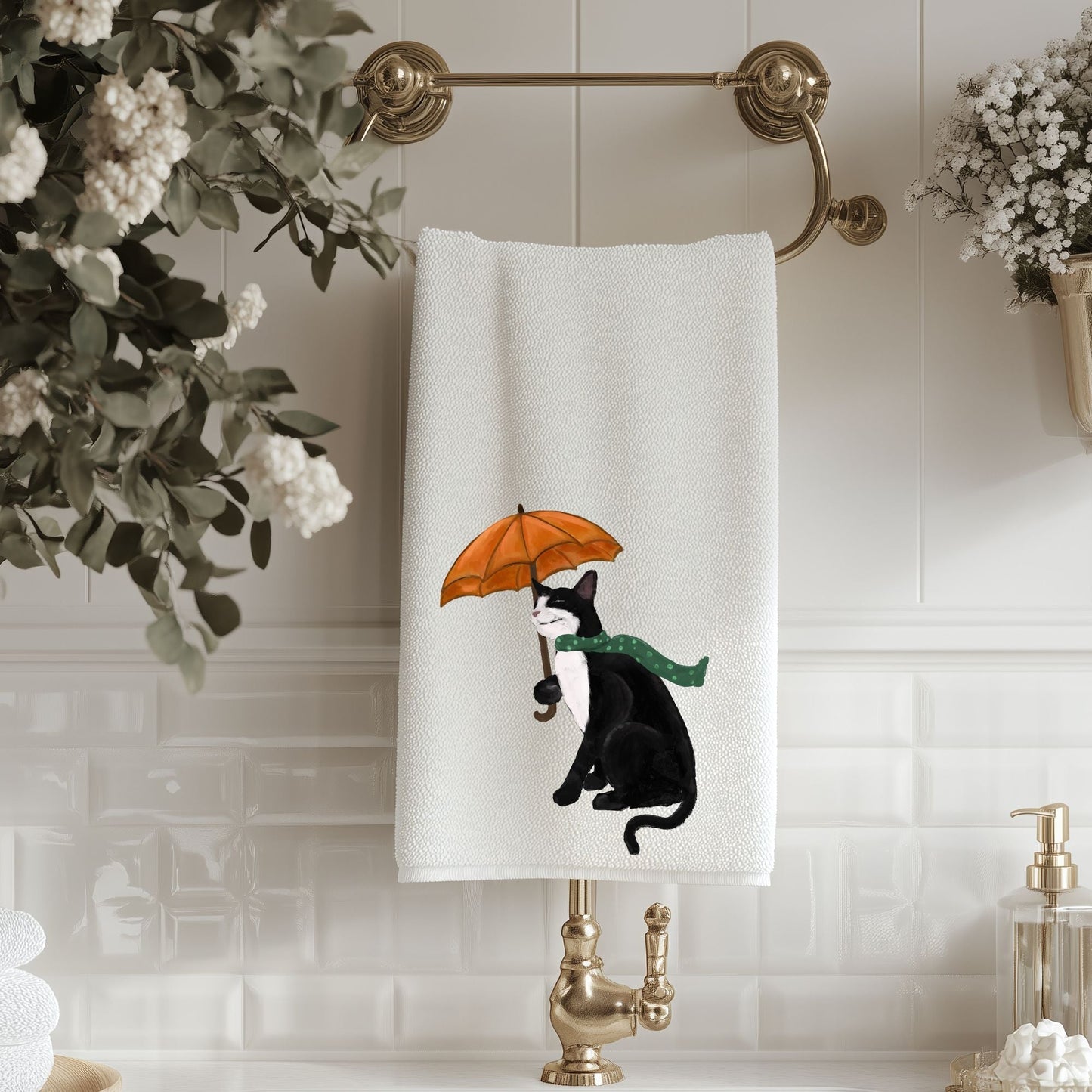 Tuxedo Cat with Umbrella Bathroom Towel - MerikaArt